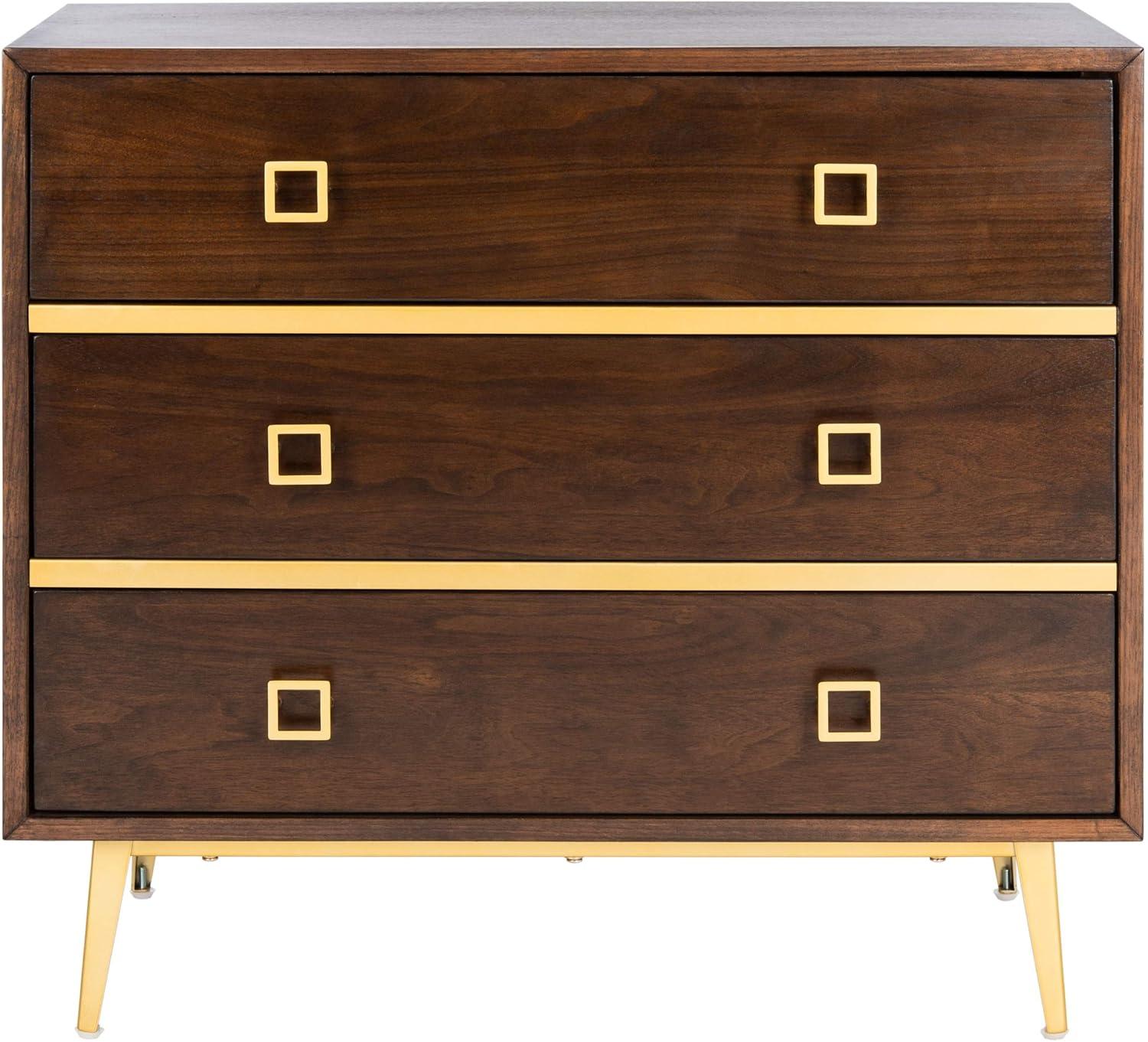 Katia Transitional Walnut 3-Drawer Chest with Gold Accents