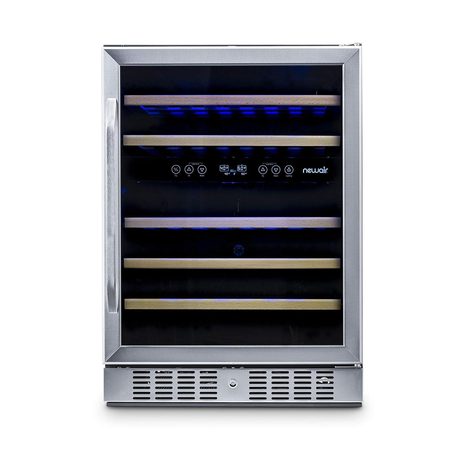 Newair 24” Built-in 46 Bottle Dual Zone Wine Cooler with Removable Beechwood Shelves in Black Stainless Steel