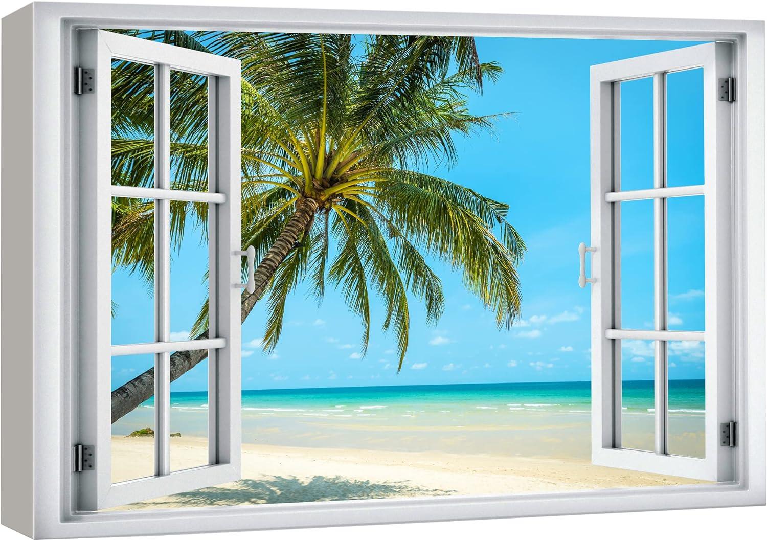 wall26 Canvas Print Wall Art Window View of Tropical Island Beach Paradise Nature Wilderness Photography Modern Art Rustic Scenic Colorful Ultra for Living Room, Bedroom, Office - 24"x36"