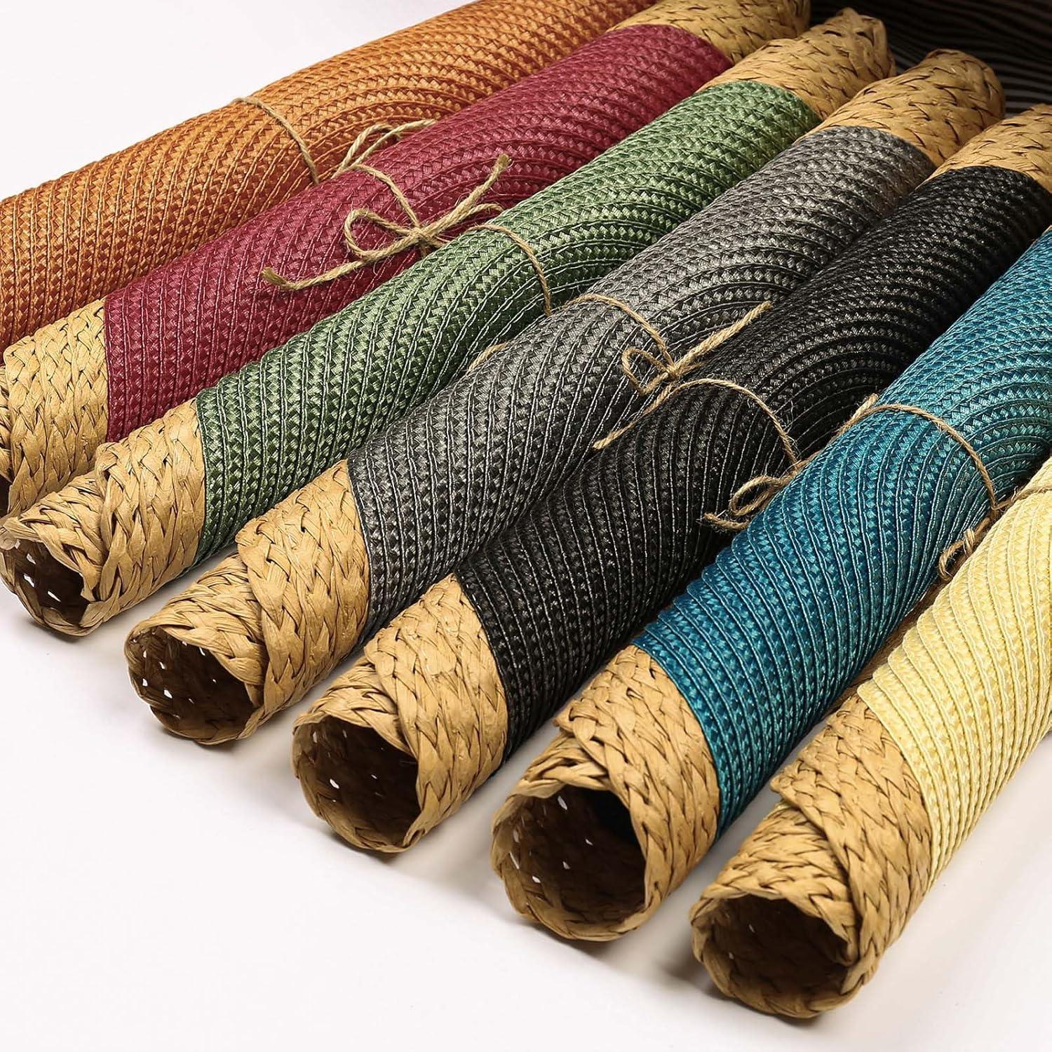 Noctiflorous 15 Inch Round Braided Placemats Set of 4 Washable Wipeable Easy Clean Heat Resistant Woven Dining Table Mats Decor for Holiday Parties Indoor Outdoor Daily Use(Red Thin Edge, 4)