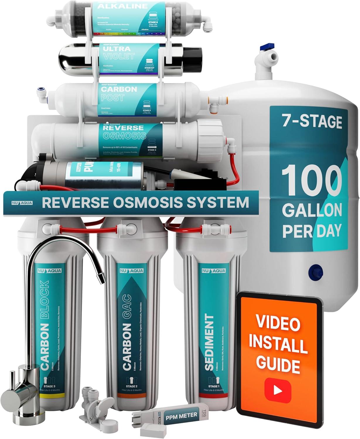 NU Aqua Platinum Series 7 Stage Alkaline and UV Ultraviolet 100GPD RO System with Booster Pump