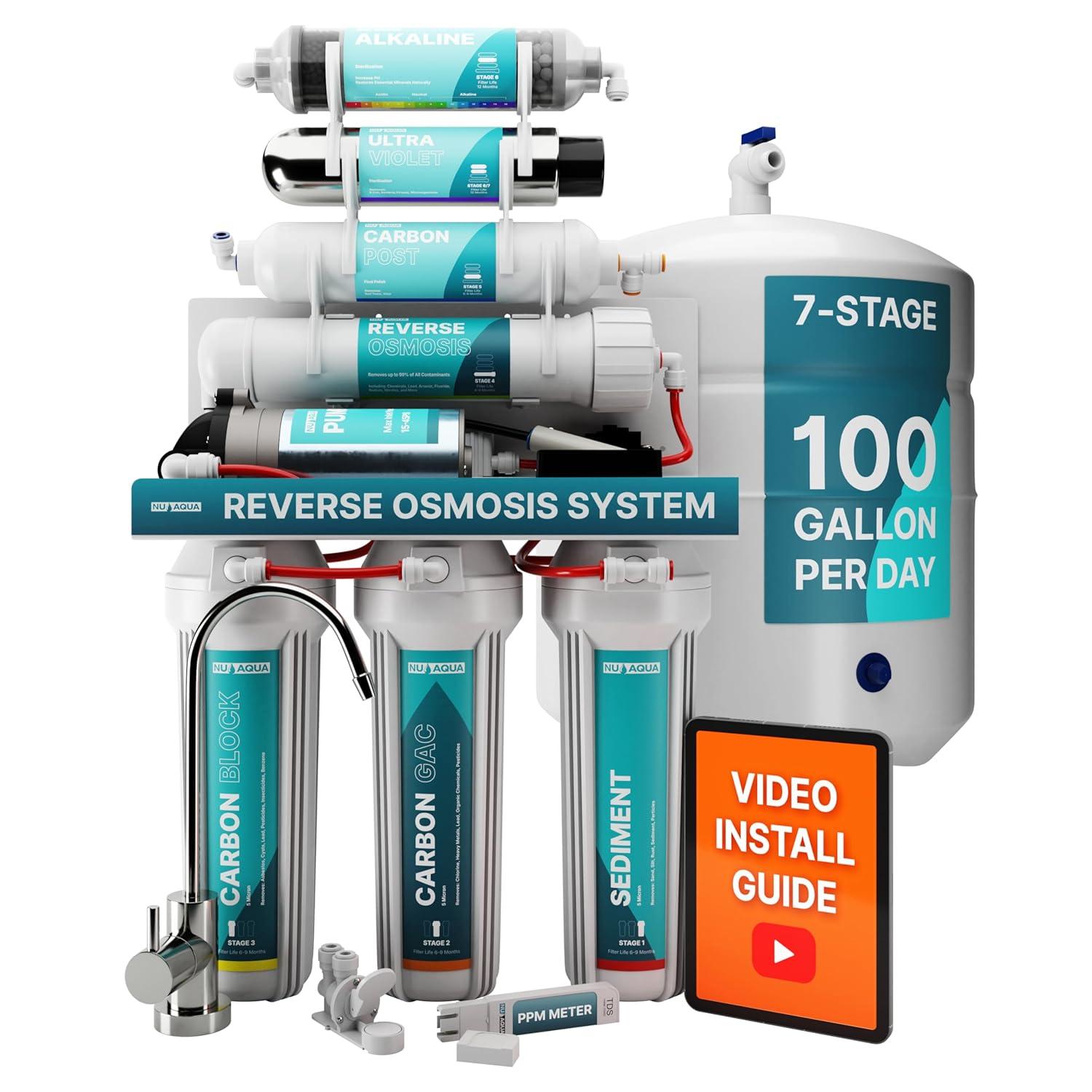 NU Aqua Platinum Series 7 Stage Alkaline and UV Ultraviolet 100GPD RO System with Booster Pump