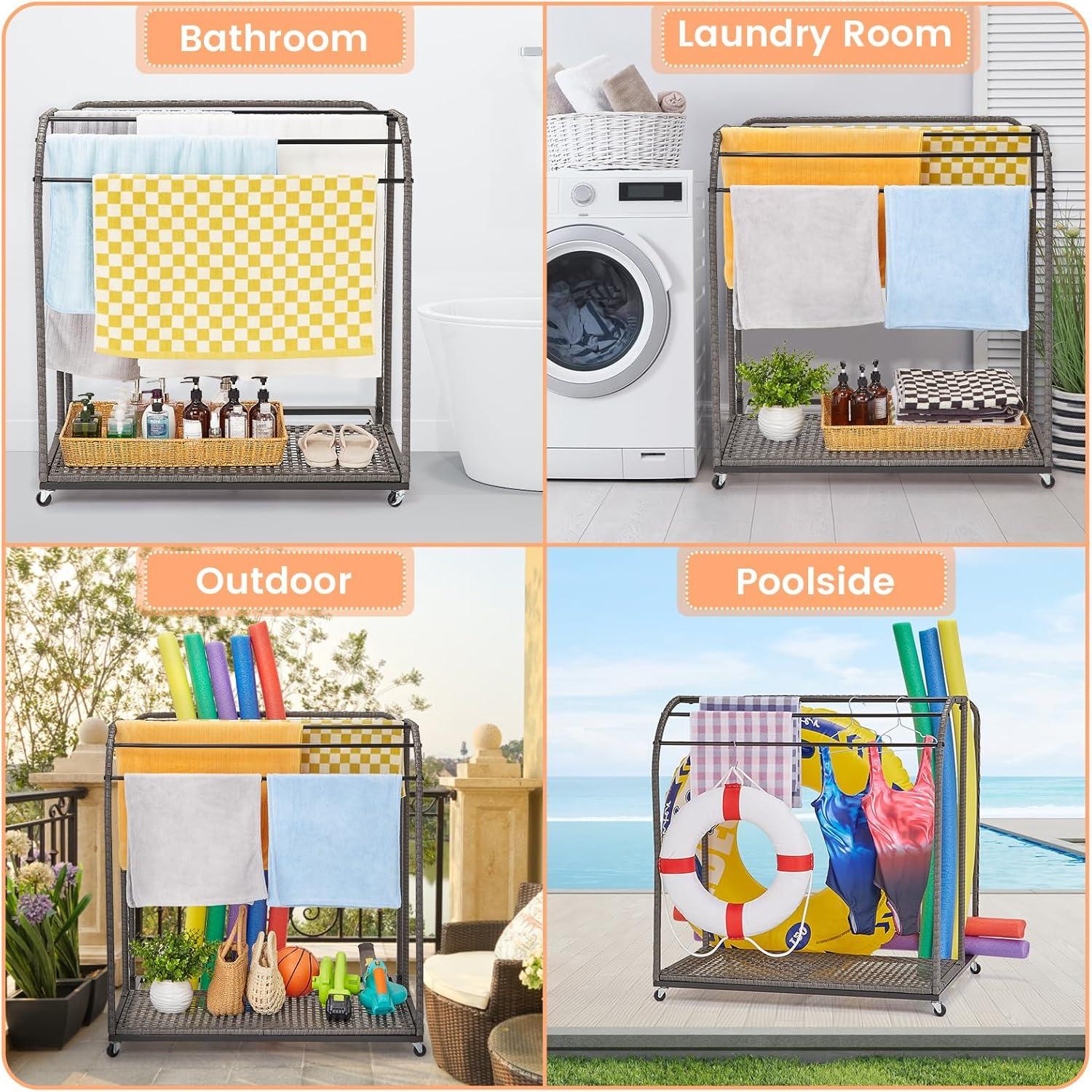 Outdoor Rattan 5-Bar Poolside Towel Rack with Storage