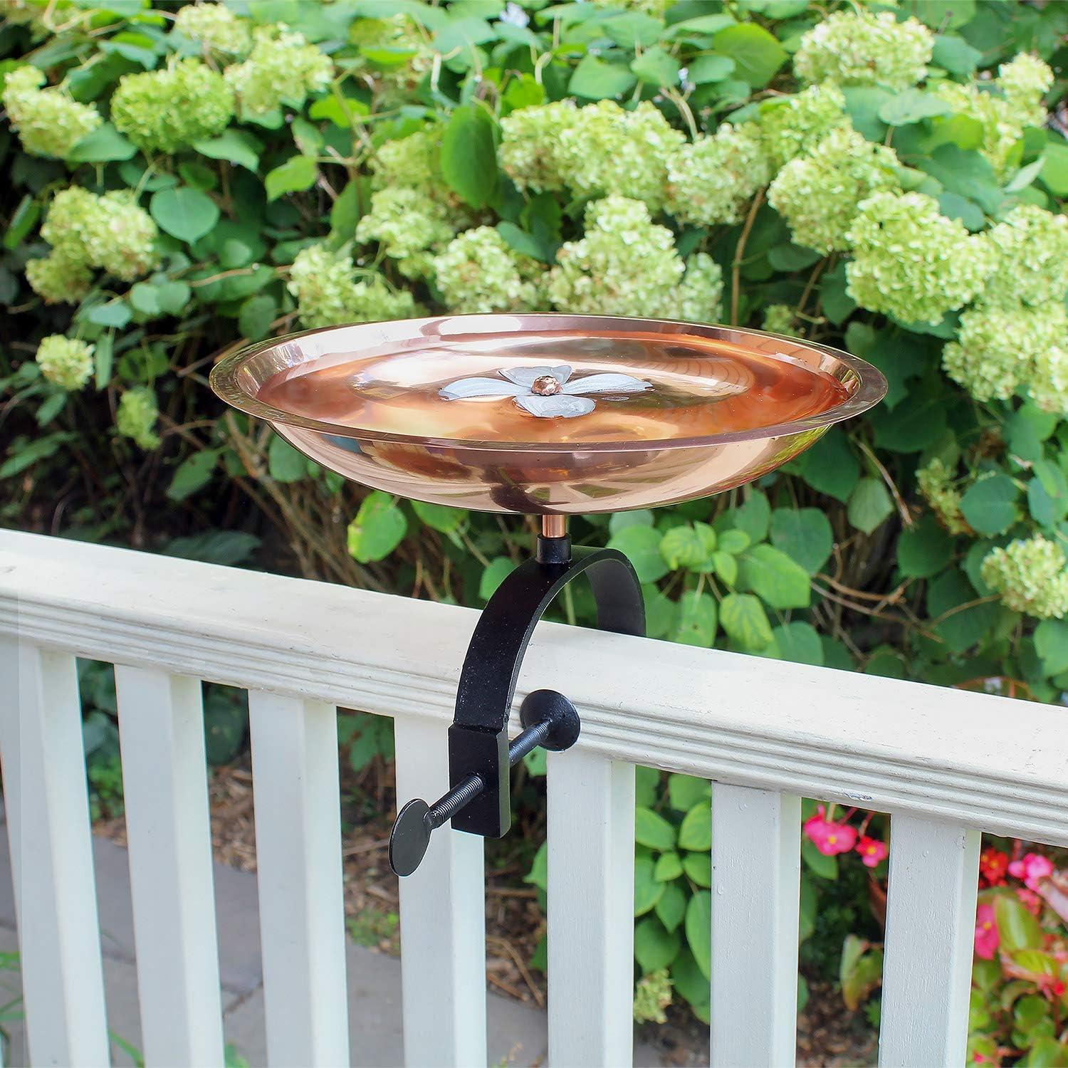 Copper and White Metal Dogwood Railing Mount Birdbath