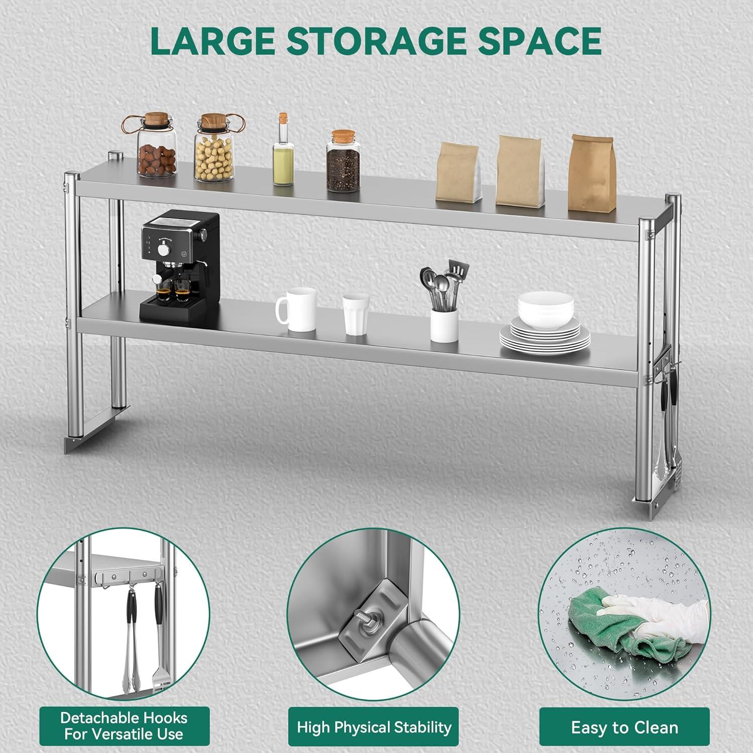 STRELECT 12"x48" Stainless Steel Overshelf for Prep & Work Table, NSF Commercial Adjustable Double Deck Overshelf 2 Tier for Restaurant, Bar, Utility Room, Kitchen and Garage