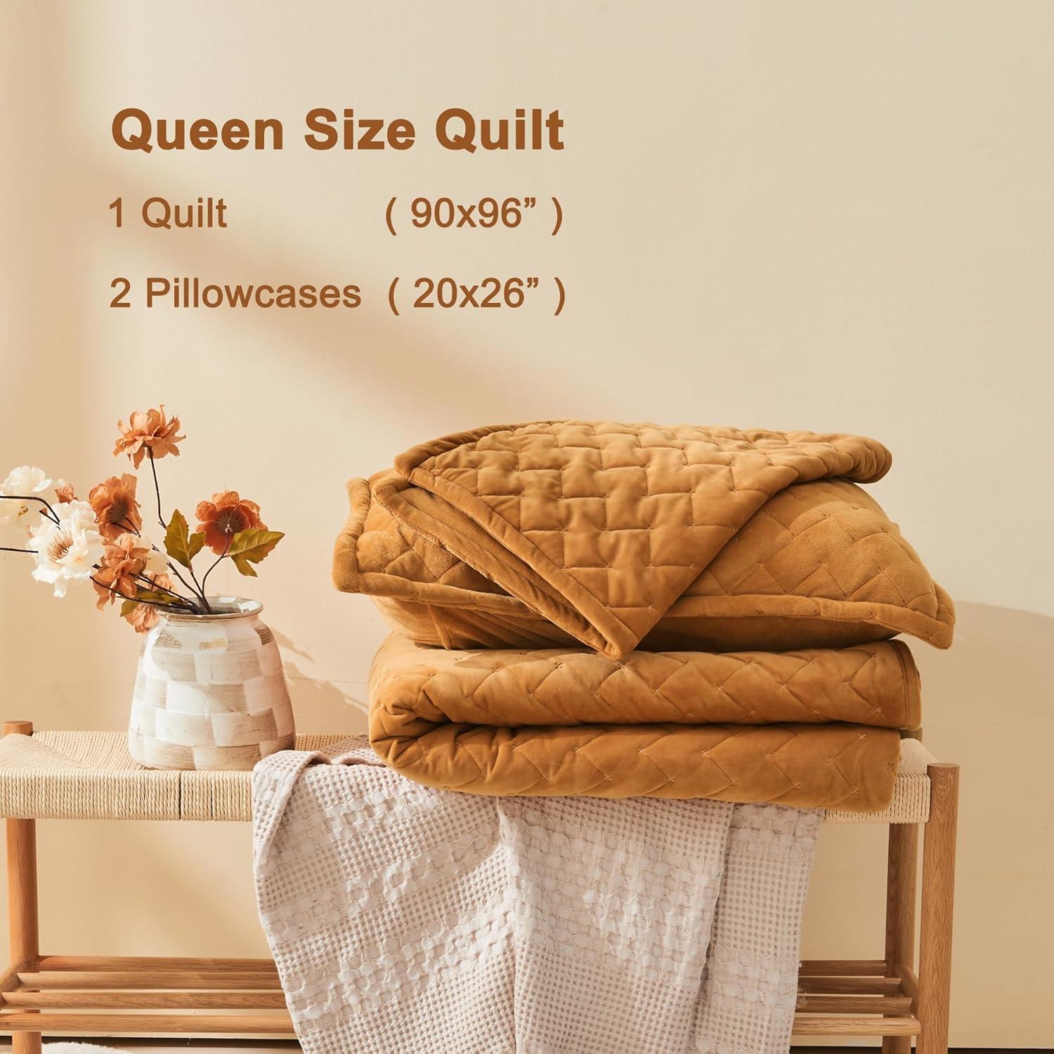 Chezmoi Collection Lux Caramel Gold Velvet Quilt Queen Set, 3-Piece Lush Plush Distressed Velvet Bedding All Season Lightweight Comforter Brushed Microfiber Reverse with Diamond Stitch Quilting