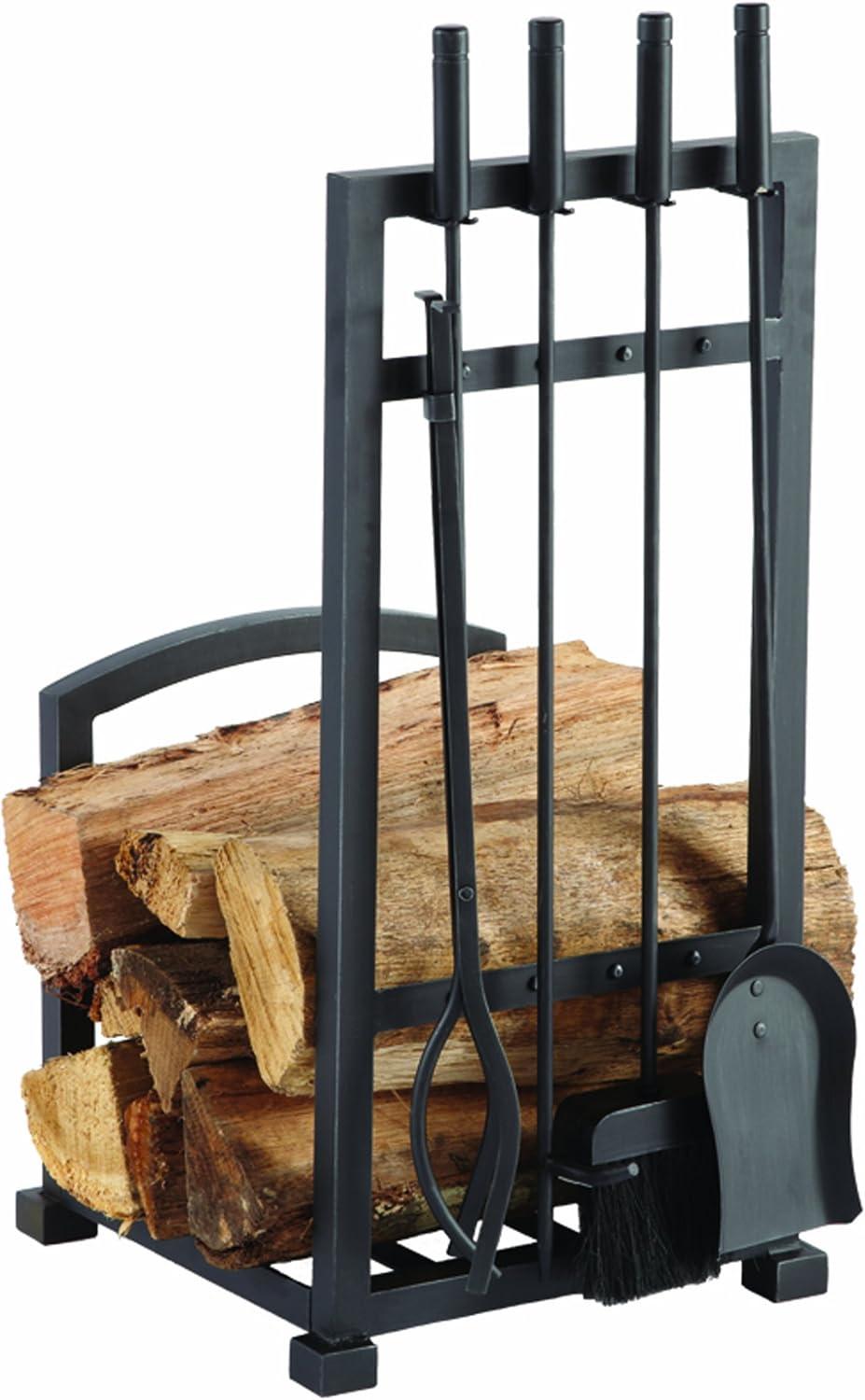 Harper Black Steel Log Rack with Fireplace Tools