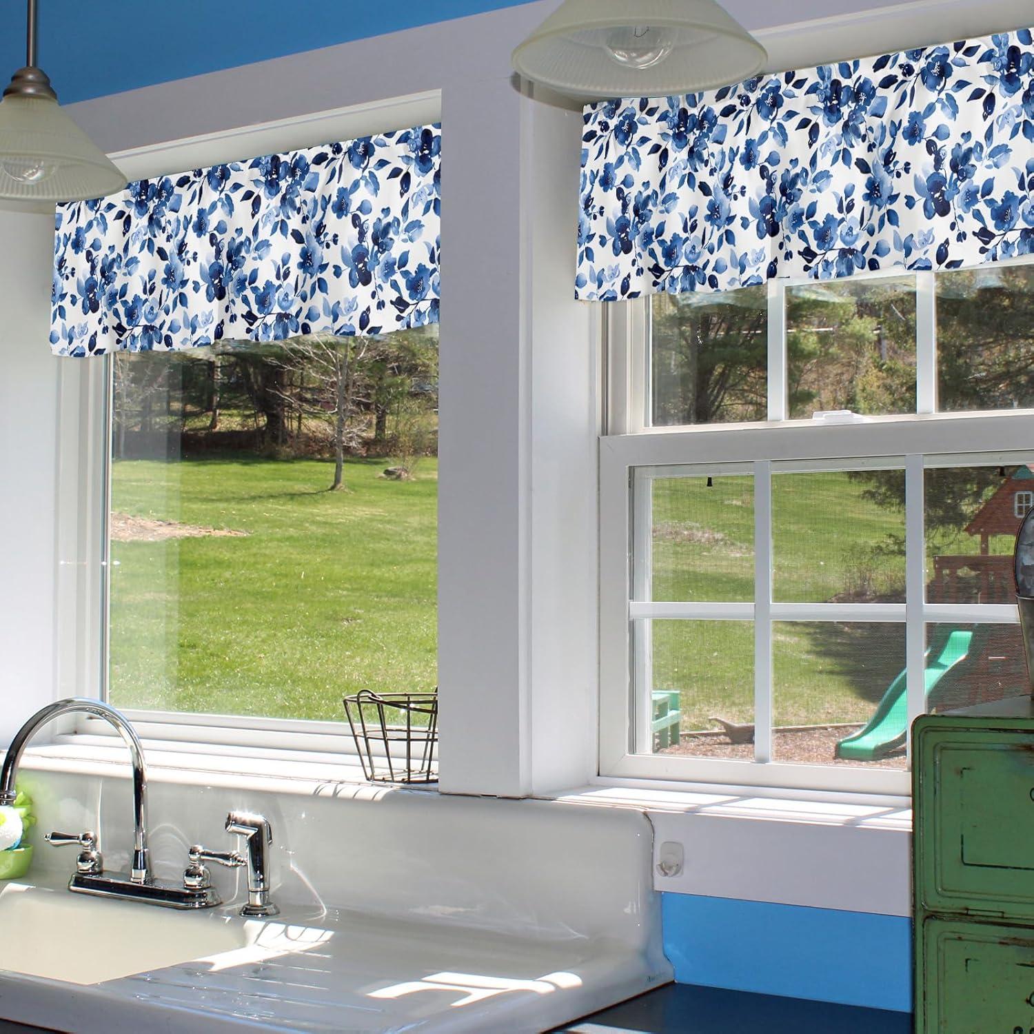 Watercolor Blue Floral Semi-Sheer Linen Rod Pocket Valance