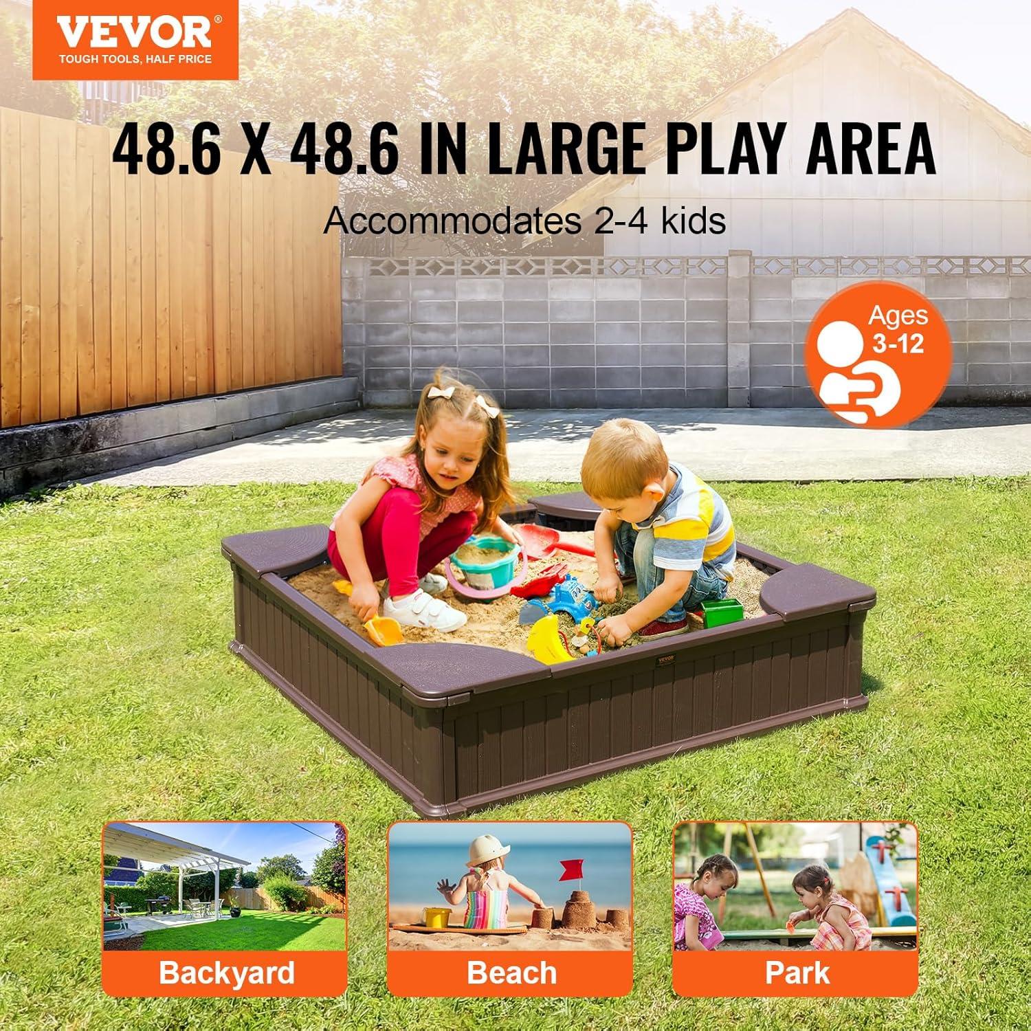 VEVOR Wooden Sandbox with Cover, 75.6 x 75.6 x 9.1 in Octagonal Sand Box, Sand Pit with 4 Seating and Bottom Liner