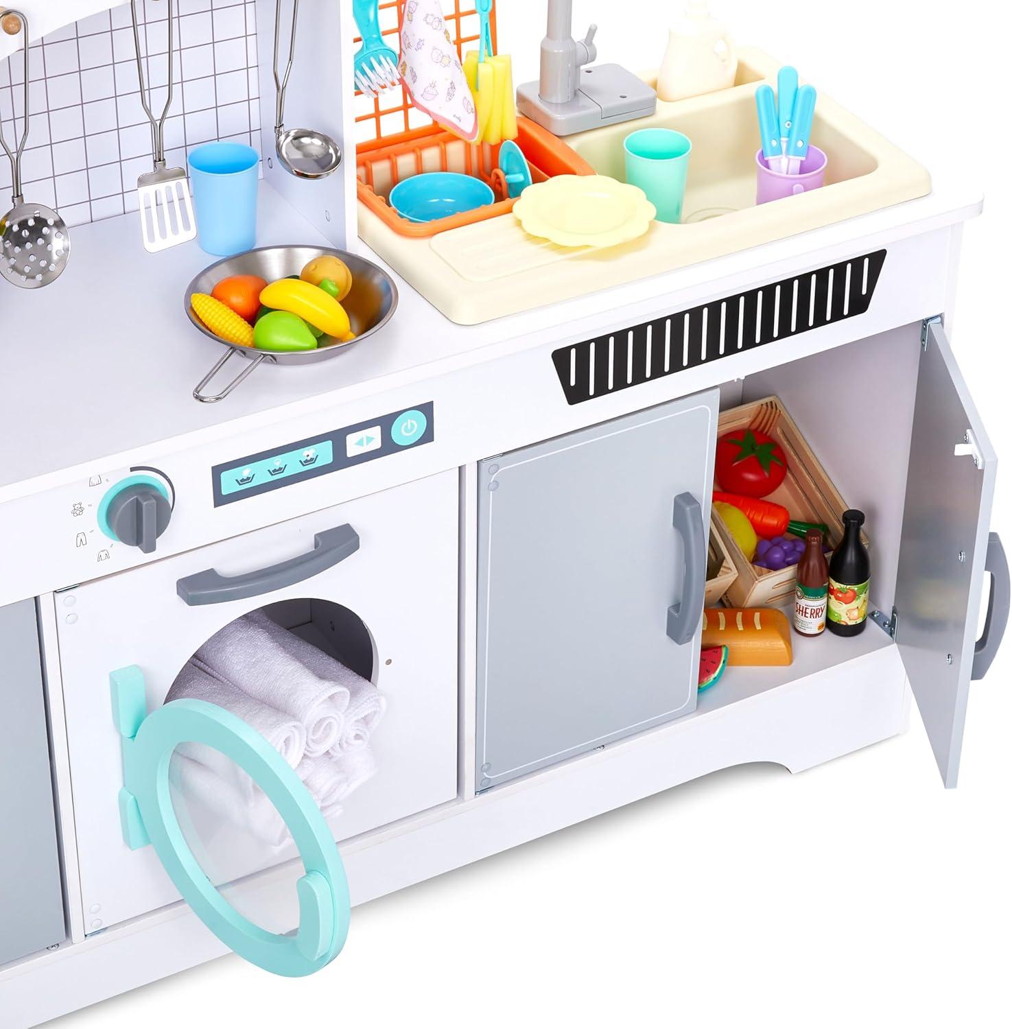Lil’ Jumbl Kids Wooden Kitchen Set, Pretend Working Sink with Real Running Water, Includes Range Hood, Microwave & Stove Top That Make Realistic Sound & Light, Full Accessory Set Included
