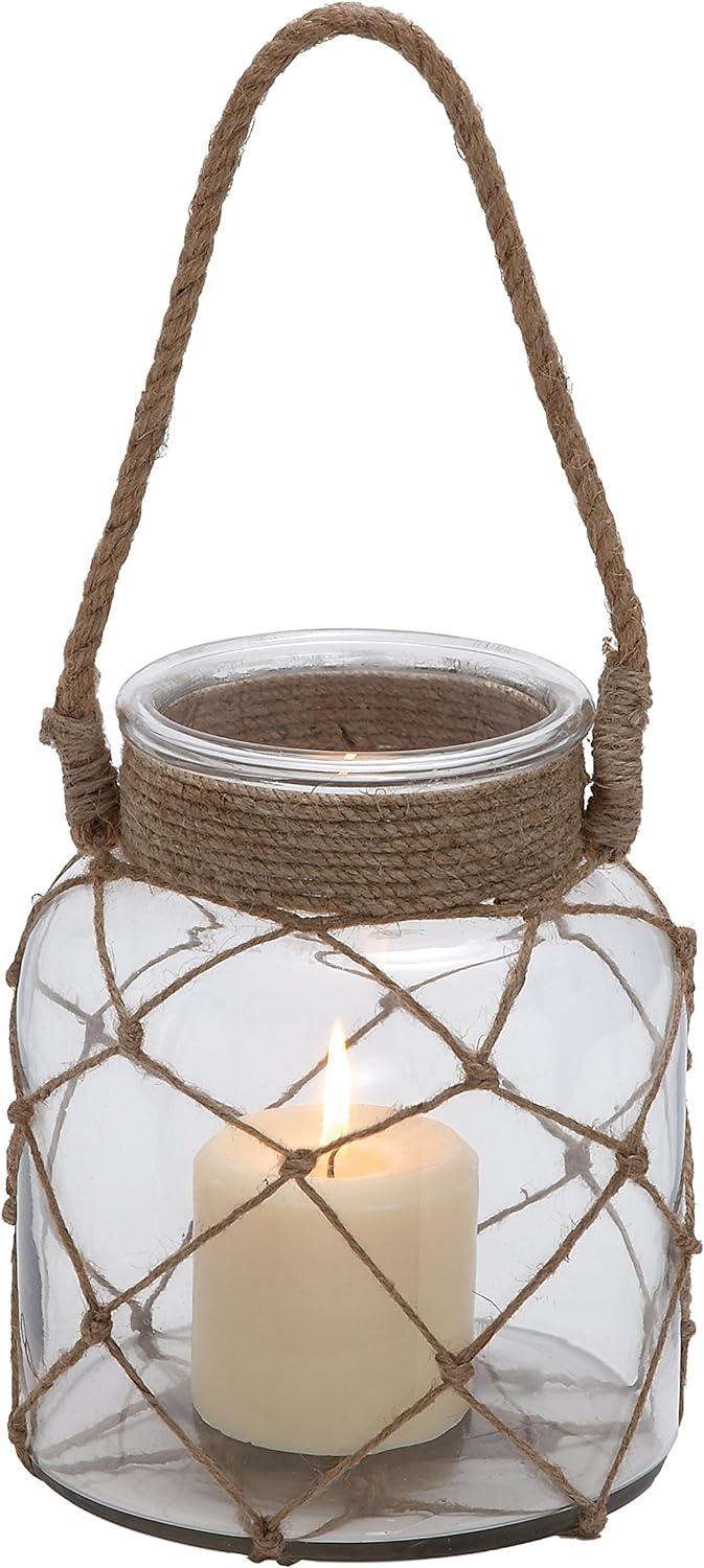 Coastal Charm Rustic Glass Candle Lantern with Jute Rope, 7"x8"