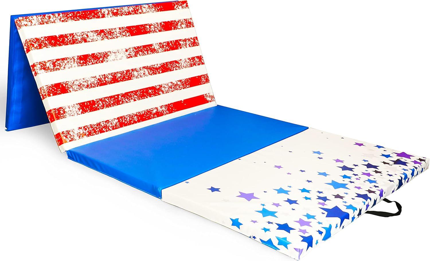 BalanceFrom Folding Gymnastics Mat, Thick Home Gym Floor Tumbling Equipment, Star/Stripe - Portable Exercise and Workout Pad for Pilates, Aerobics,