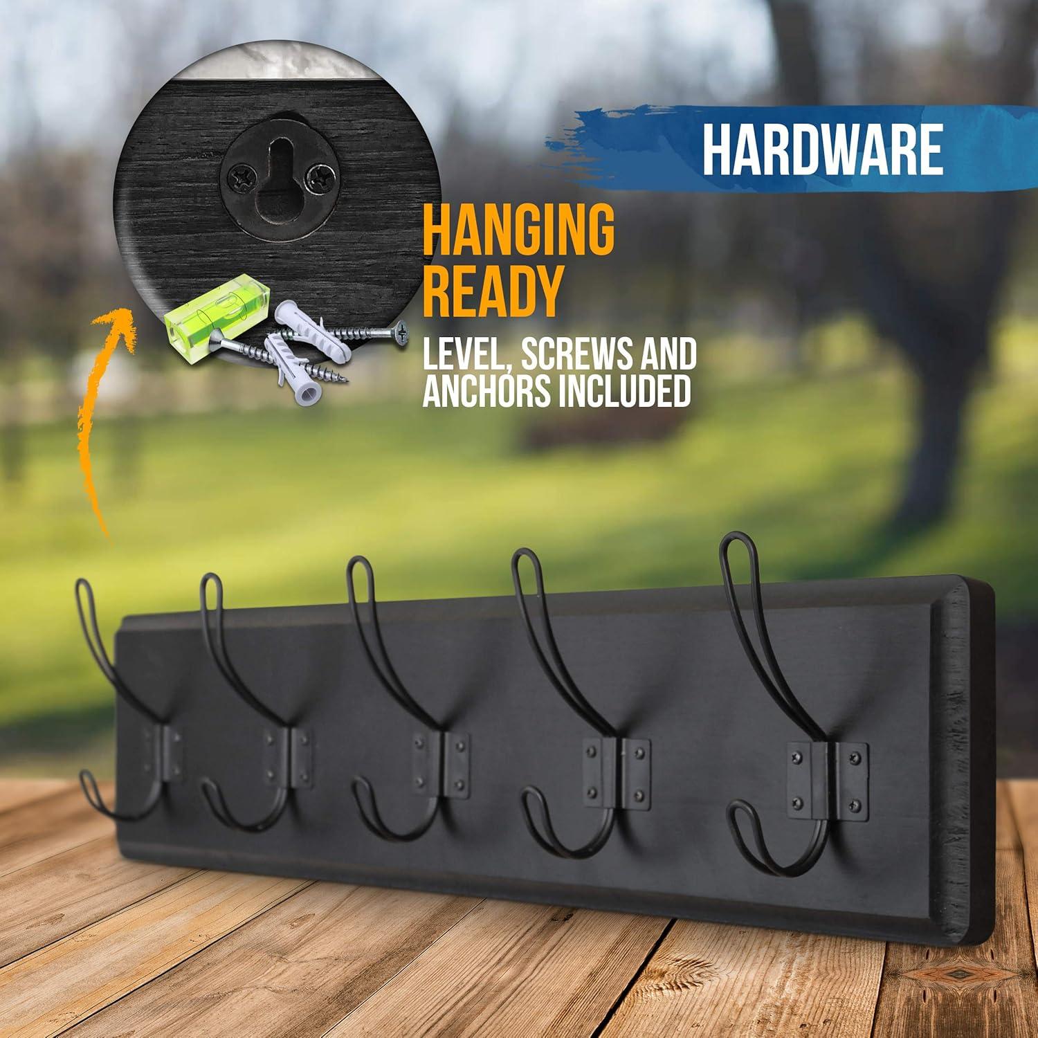 HBCY Creations Rustic Coat Rack with 5 Hooks - Black Wall Mount 24" Coat Rack - Solid Pine Wood Entryway Hanger - Farmhouse Coat Rack for Kitchen, Bedroom