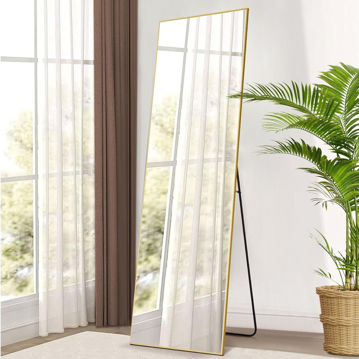 Full Length Mirror 64"x21" for Bedroom, Full Body Mirror with Stand, Hanging or Leaning for Wall, Aluminum Alloy Thin Frame Floor Standing for Living Room, Tall, Black