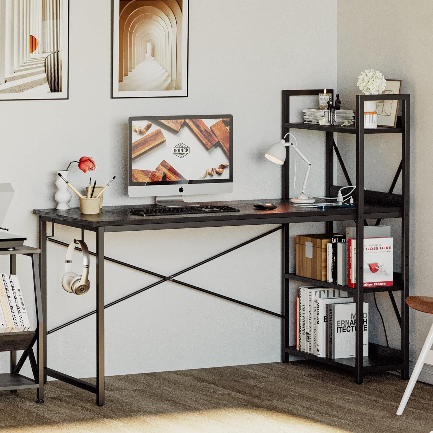 Black Industrial Computer Desk with Power Outlet and Shelves