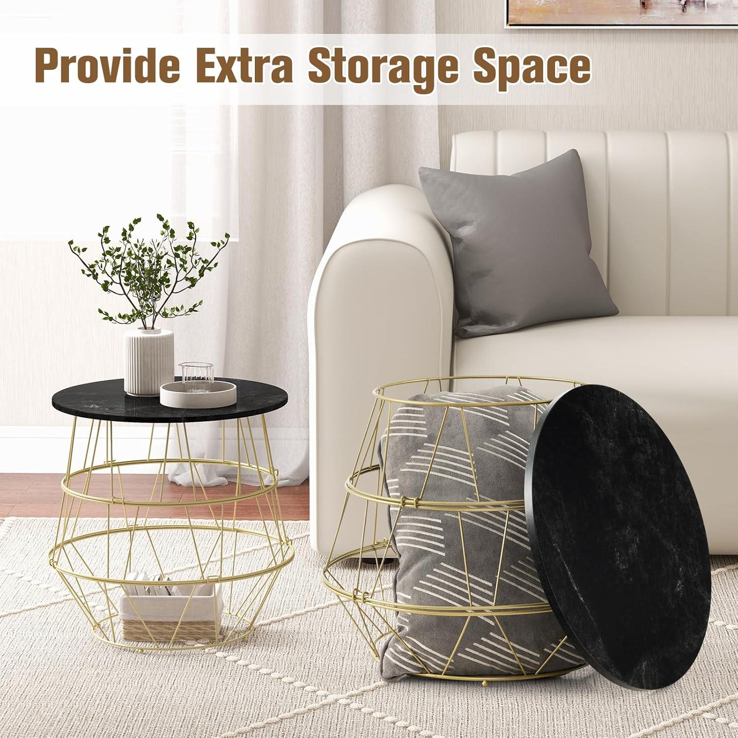 Giantex Faux Marble Coffee Table, Round Side End Table with Gold Metal Frame & Removeable Top, Modern Sofa Accent Bedside Table for Living Room, Bedroom, Small Space, Easy Installation (1)