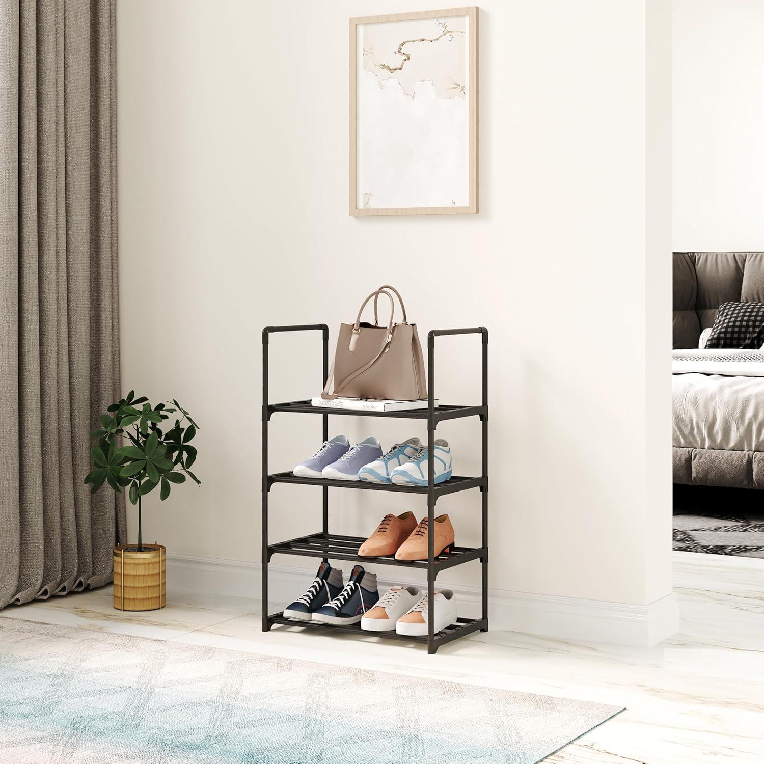 4 Tier Small Shoe Rack, Narrow Stackable Kids Toddler Adult Shoe Storage Organizer Shelf for Closet Floor Entryway Bedroom, Space Saver Shoe Rack Organization Shelves