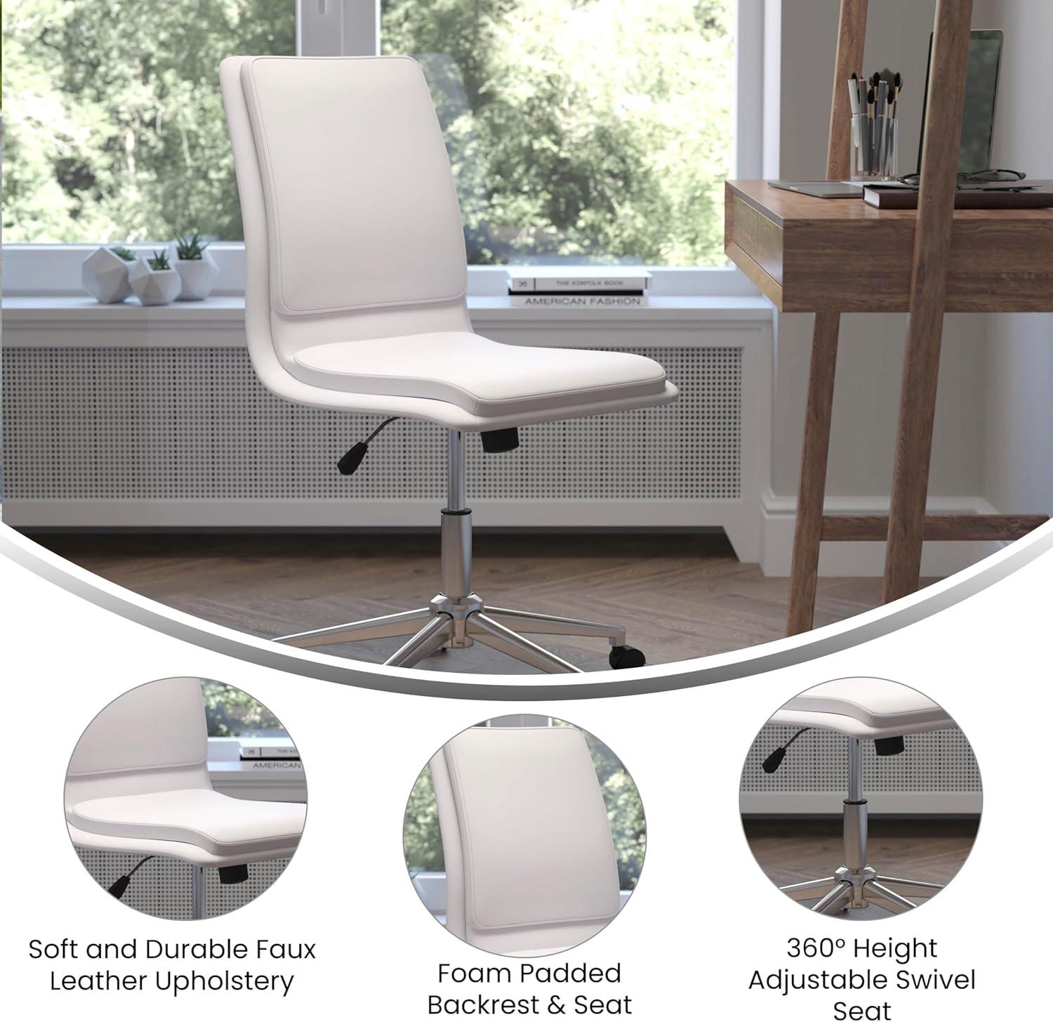 Flash Furniture Madigan Mid-Back Armless Swivel Task Office Chair with LeatherSoft and Adjustable Chrome Base, White