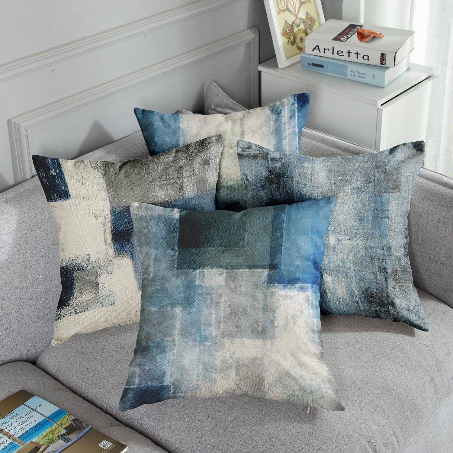 Emvency Set of 4 Throw Pillow Covers Blue and Grey White Modern Abstract Artwork Contemporary Decorative Gray Cushion Sofa Bedroom Car Decor Pillow Cases Home Square 16x16 Inches Pillowcases