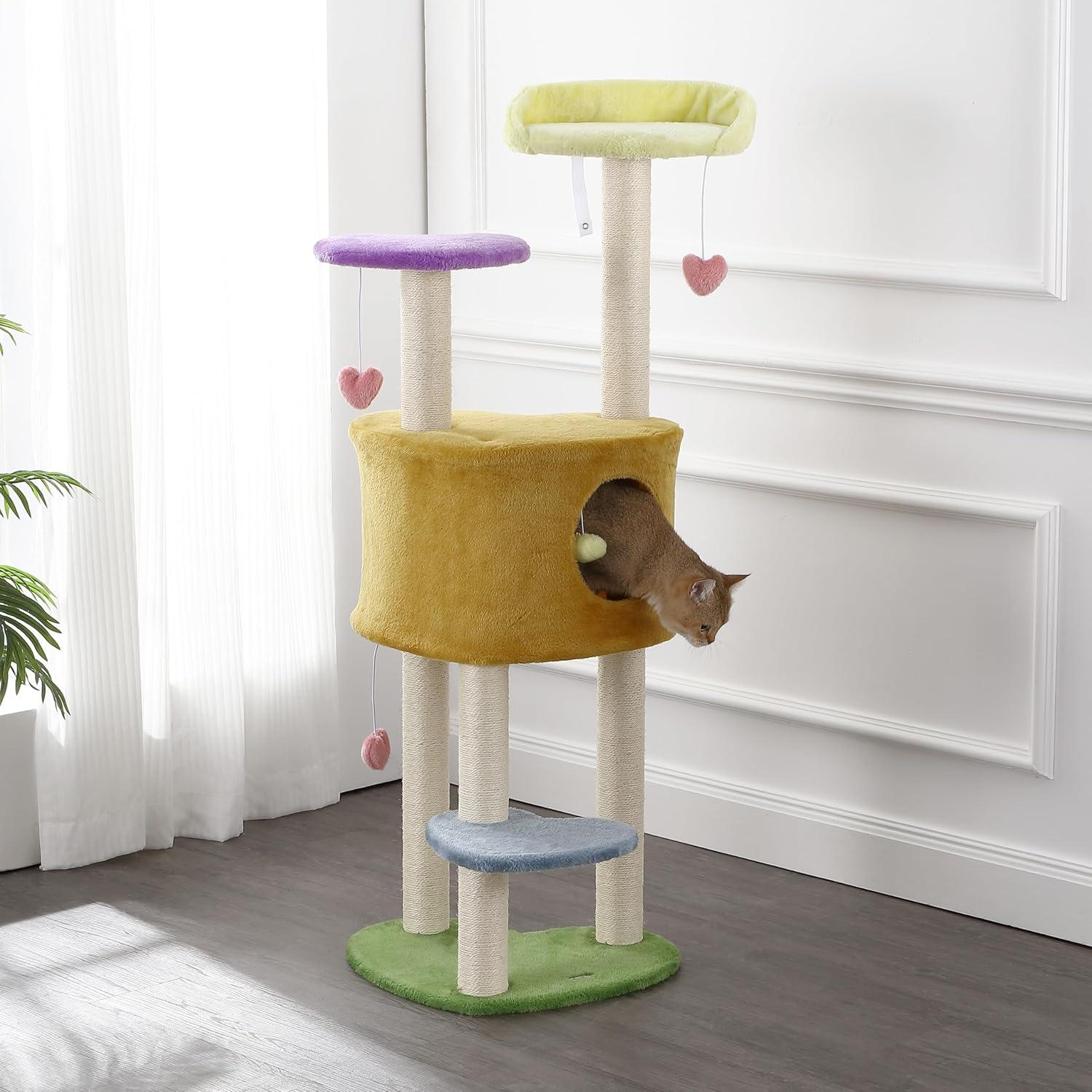 Aisling 4-Tier Modern Sisal Heart Cat Tree with Scratching Posts, Napping Perch, and Dangling Toys