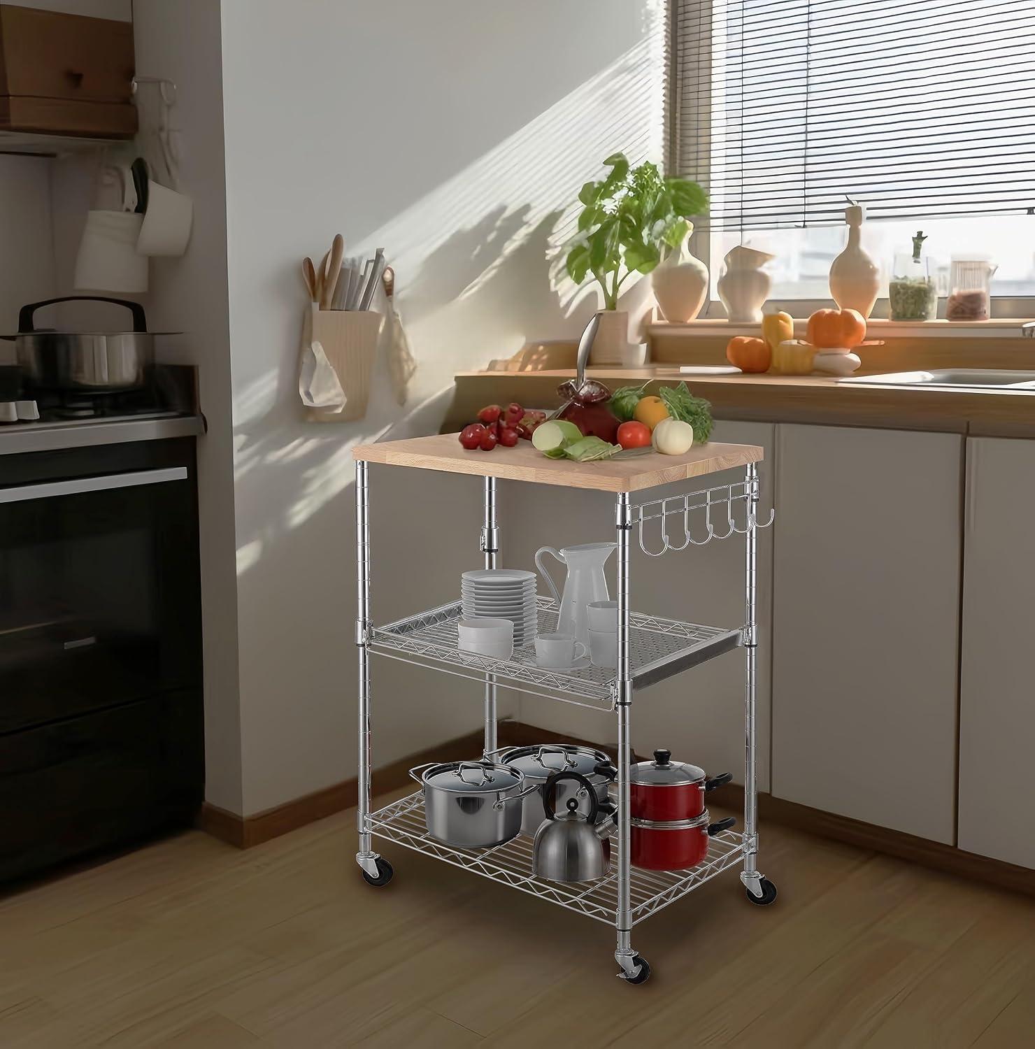 3-Tier Chrome and Oak Wood Rolling Kitchen Cart with Storage