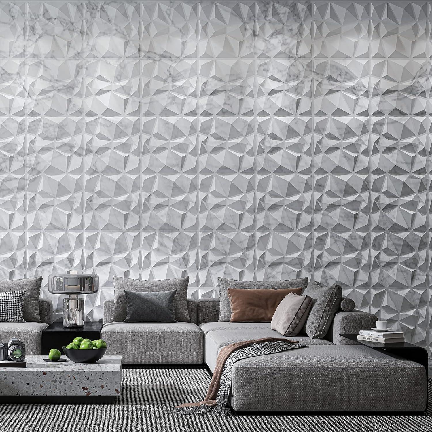 Glossy White Marble 3D Diamond Textured Wall Panels, 19.7" x 19.7", Pack of 12