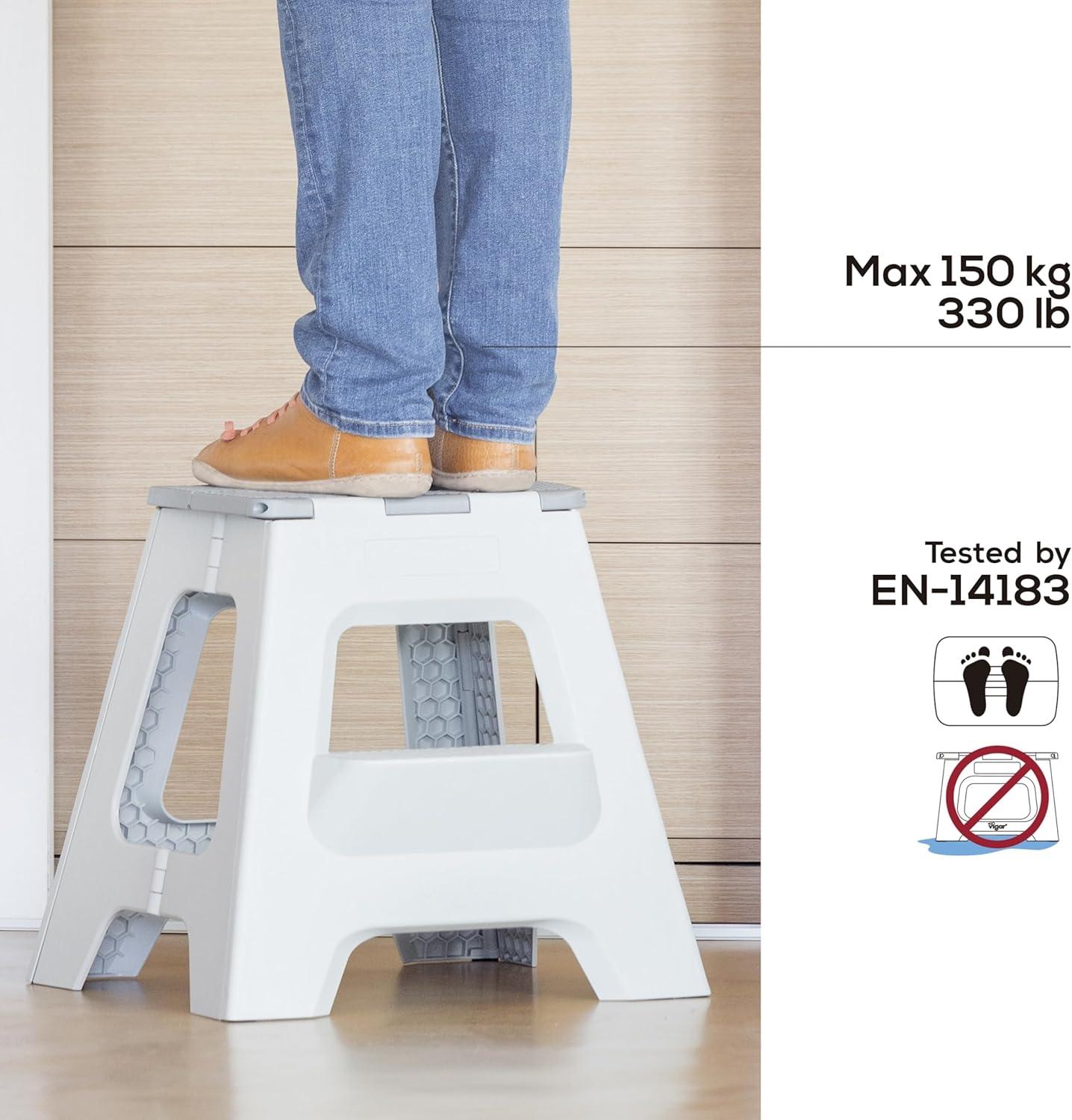 Gray Foldable 2-Step Plastic Stool with Non-Slip Surface