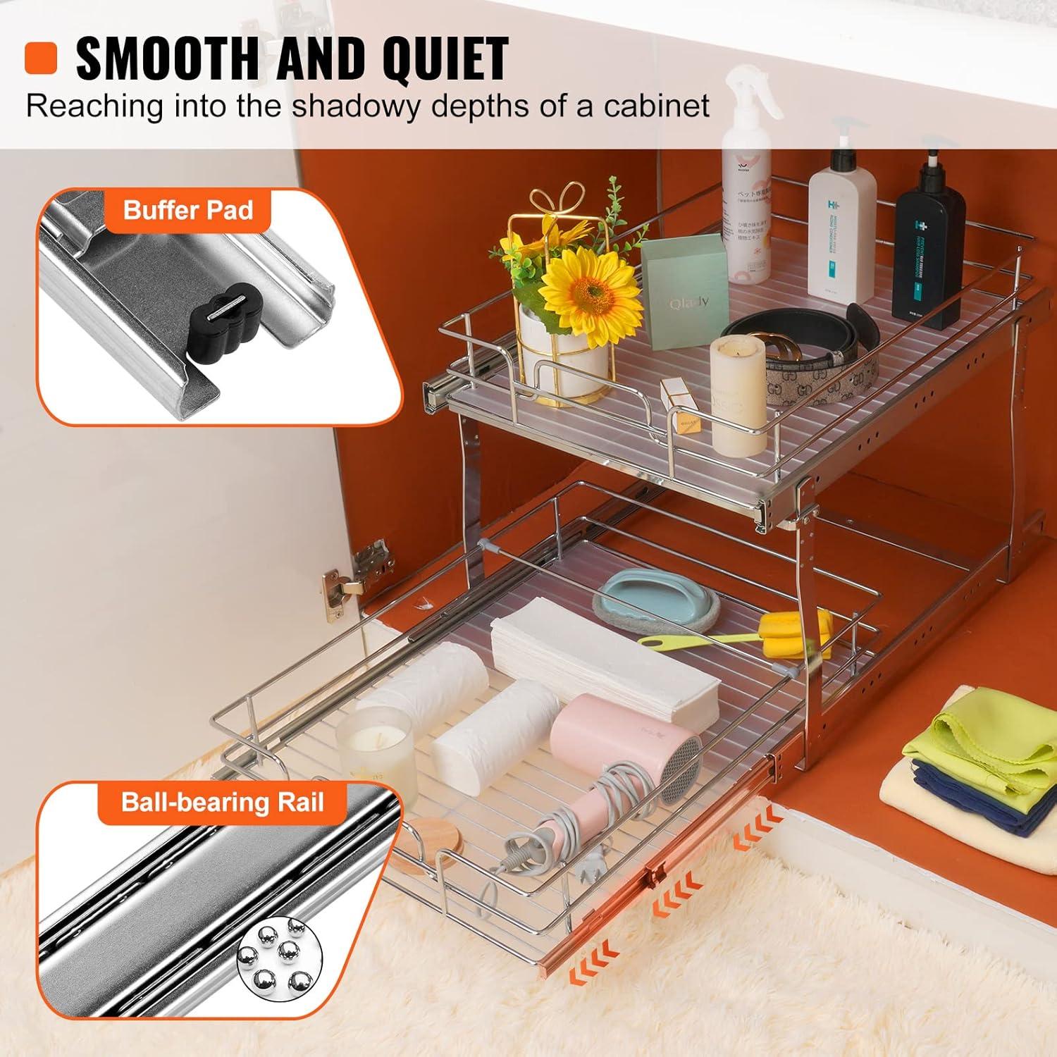 VEVOR 2 Tier Pull Out Cabinet Organizer(10.7"W x 14.2"D ), Under Sink Organizer and Storage, Slide Out Drawer Cabinet Organizer, Wire Basket Sliding Shelf for Kitchen Bathroom Cabinet, Black (2 Pack)