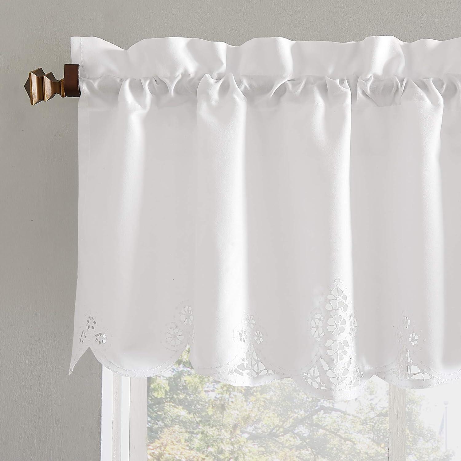 58"x14" Mariela Floral Trim Window Valance White - No. 918: Lace Rod Pocket Curtain, Botanical Pattern