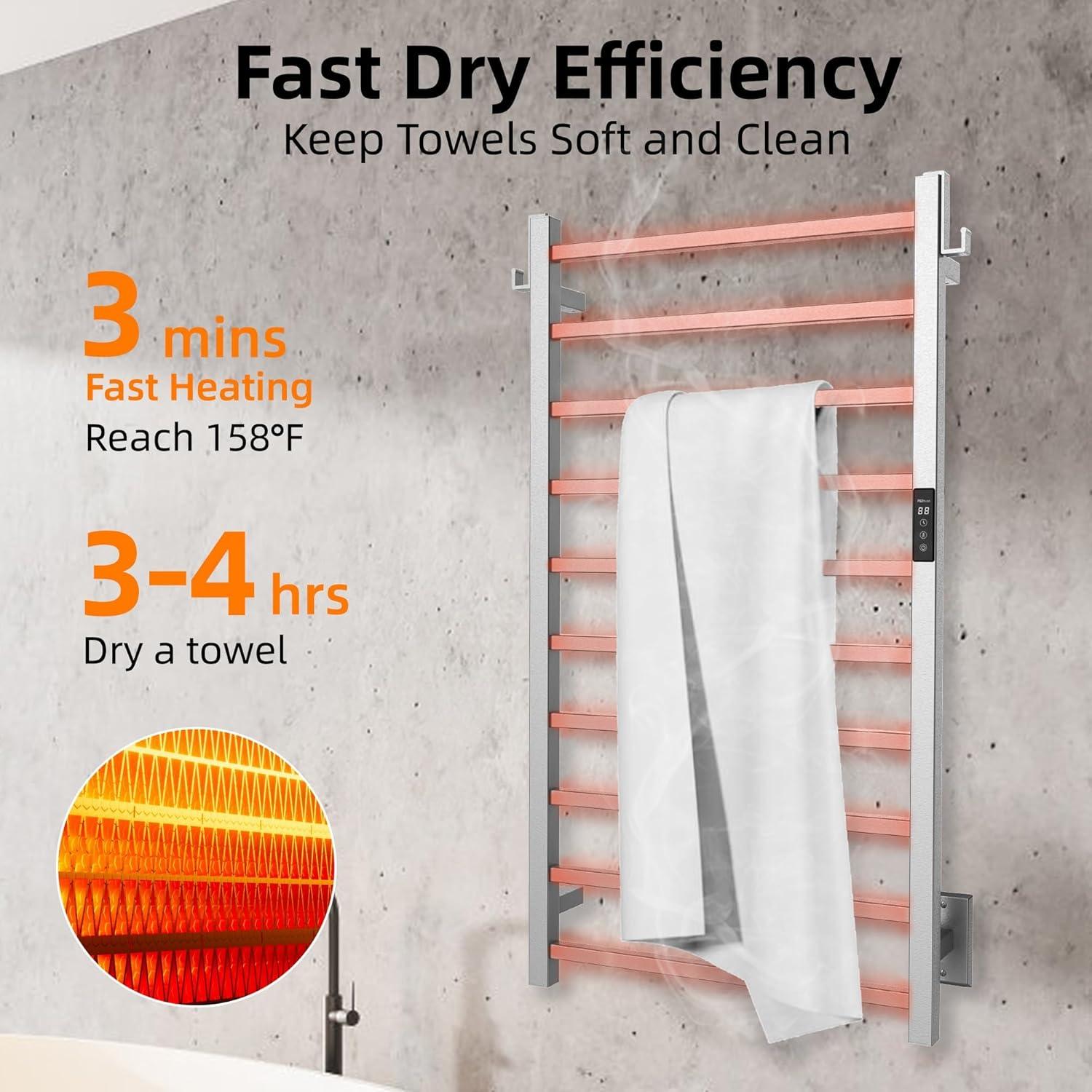 P&Bhusri Towel Warmer, 10-Bar Heated Towel Rack for Bathroom, Electric Towel Warmer with Timer & Temperature Multi-Level Adjustments, Brushed, Plug-in/Hard-Wired
