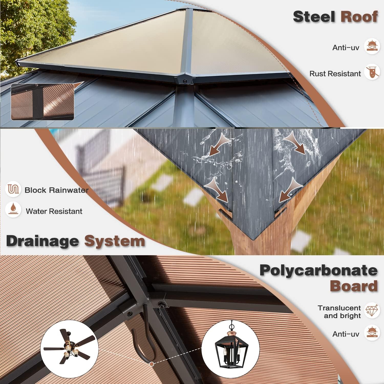 Erommy Outdoor Galvanized Steel Roof Gazebo Pergola w Wooden Coated Alumninum Frame, Privacy Curtains and Nettings Include Ultra Thick 12' x 14'