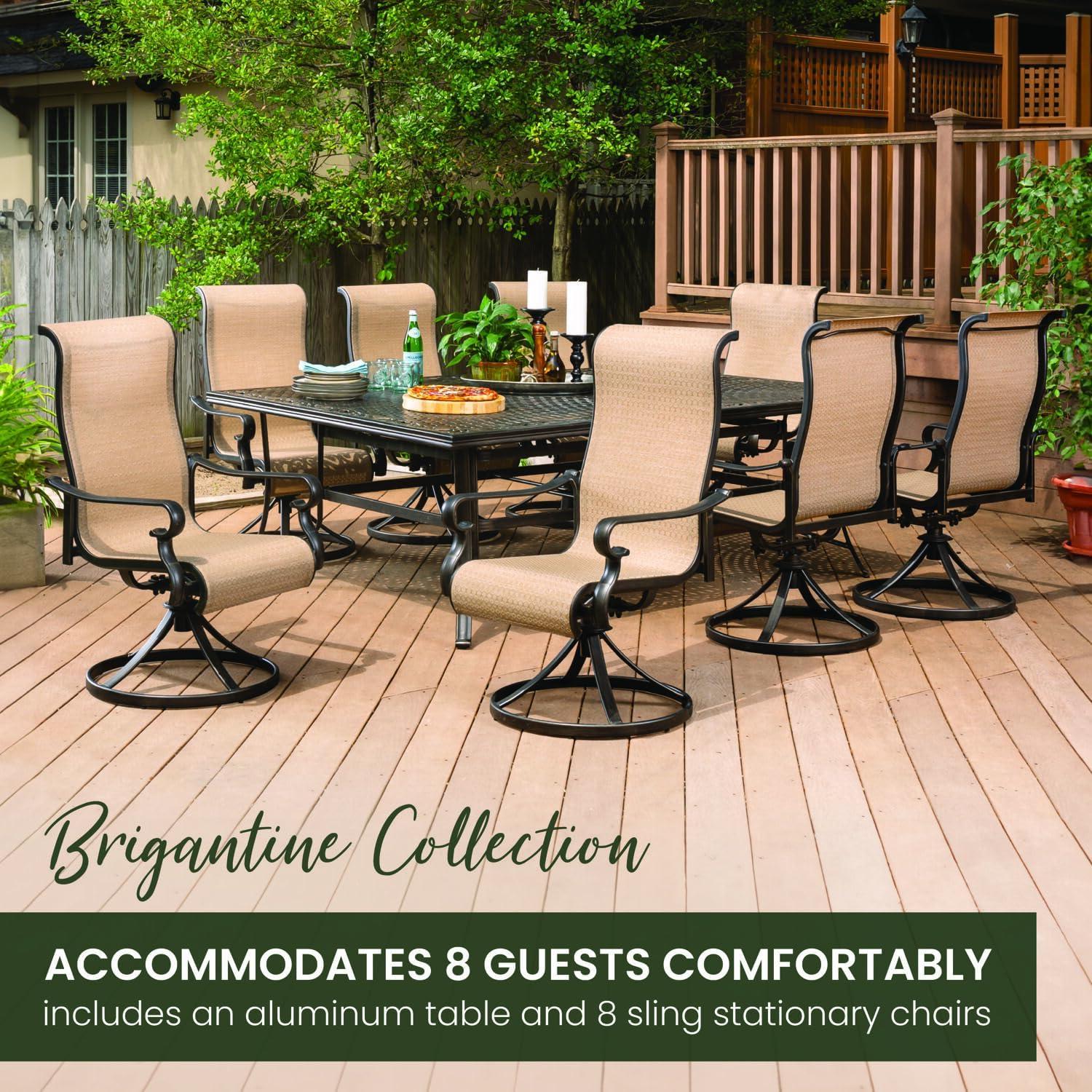 Hanover Brigantine 9-Piece Dining Set with an XL Cast-Top Dining Table and 8 Sling-back Swivel Rockers, BRIGDN9PCSW8