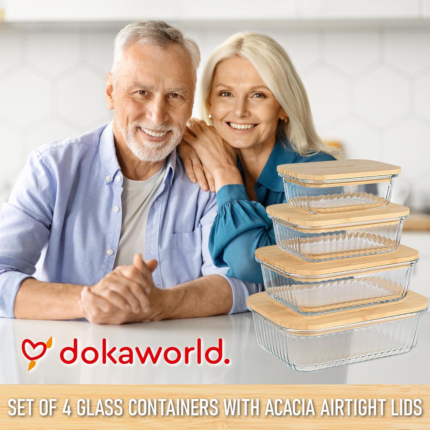 Amber Glass Meal Prep Containers with Acacia Lids, Set of 4