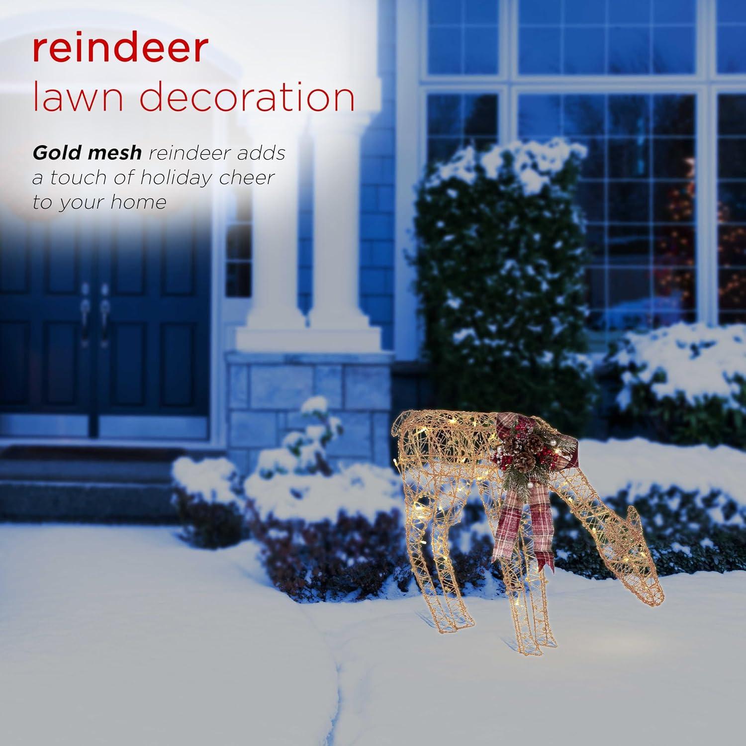 Alpine Corporation 26" x 6" x 19" Gold Mesh Reindeer Holiday Decoration with LED Lights