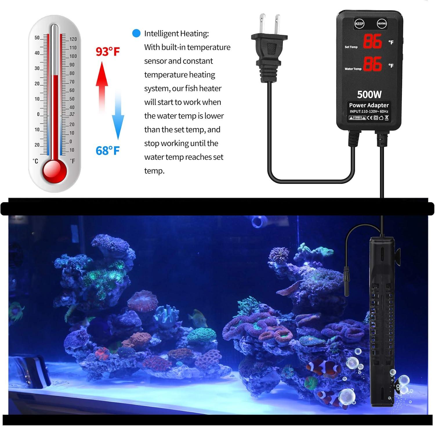 500W Black Quartz Submersible Aquarium Heater with LED Display