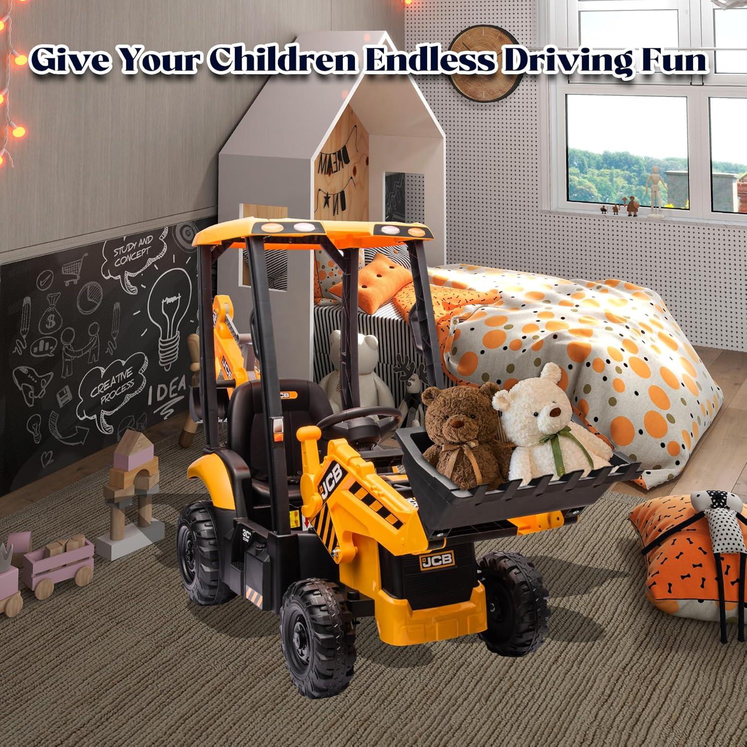 EastVita 12V Ride on Toys Tractor, Kids Ride on Car Toy Excavator Bulldozer, 12V Digger w/Trailer, Shovel Bucket, Digger, Remote Control, EVA Tires, LED Lights, Music, USB