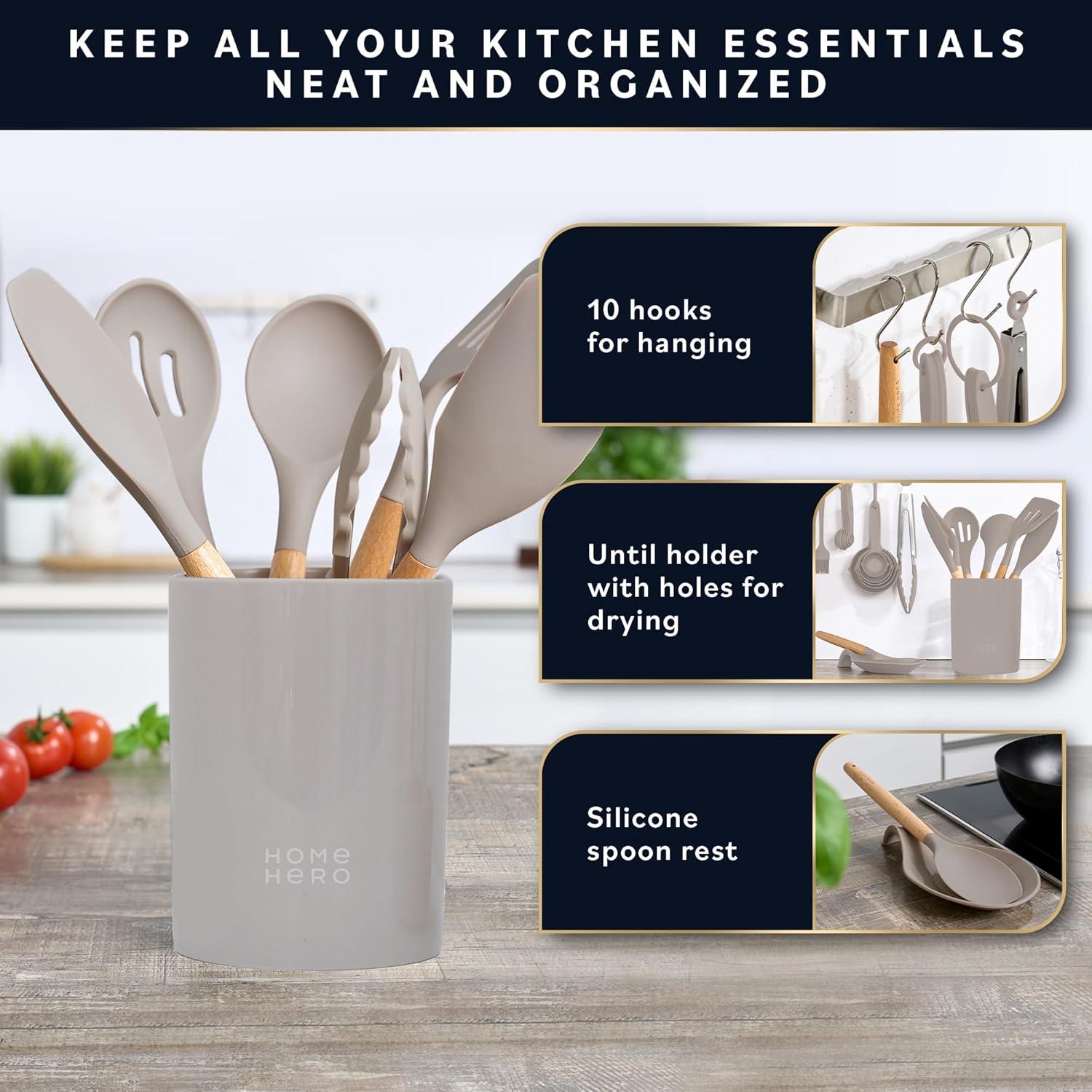 33 Pcs Silicone Kitchen Utensils Set, Khaki Kitchen Cooking Utensils Set with Natural Hard Wood Handle, Silicone Utensils Set with Holder, Heat Resistant, BPA Free, Non Toxic