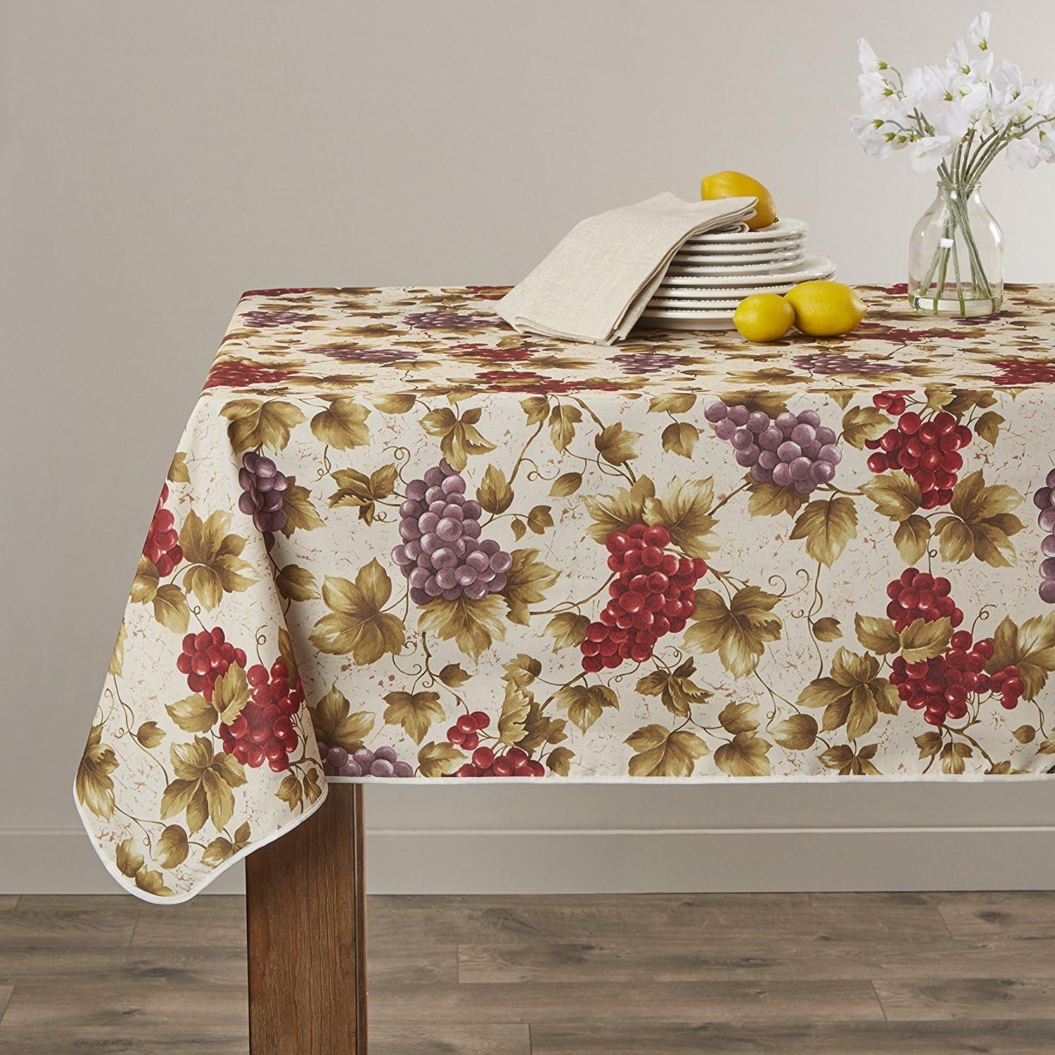 Violet Linen European Vinyard Grapes Printed Design Tablecloth, 60 in x 120 in, Beige