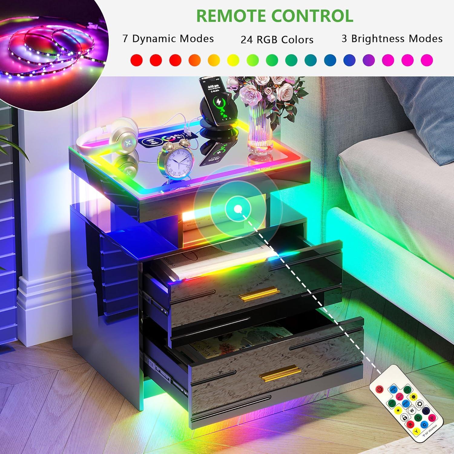 HNEBC Smart LED Nightstand with Wireless Charging & USB Ports, High Glossy Night Stand with 3 Drawers and 1 Pull-Out Tray, Modern Bedside Table with Human Sensor for Bedroom (White)