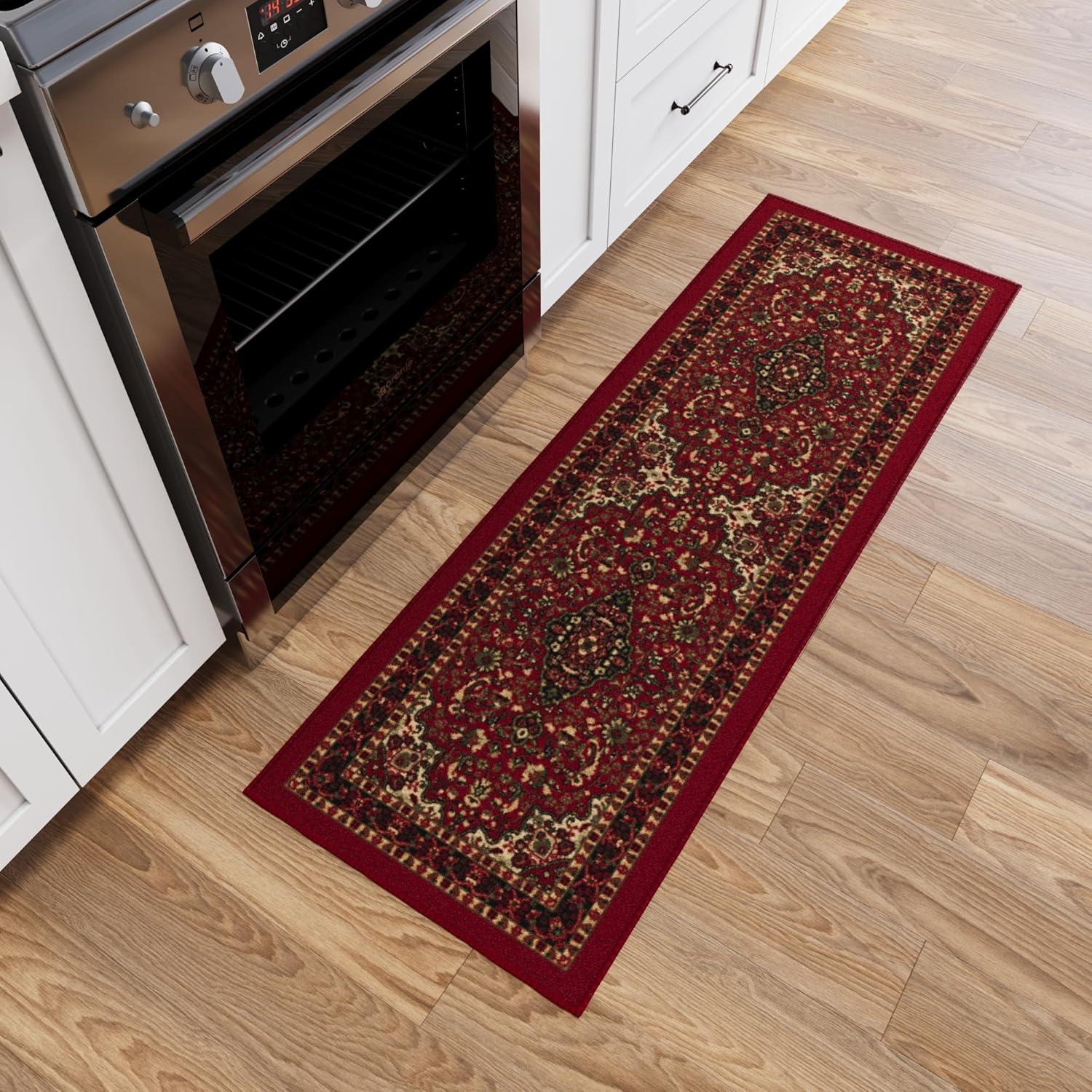 Ottohome Non-Slip Medallion Oriental Area Rug For Living Room, Hallway, Entryway Rug, Dark Red
