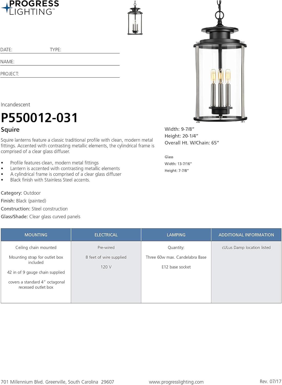Progress Lighting Squire 3-Light Hanging Lantern, Steel, Black Finish, Clear Glass Shade