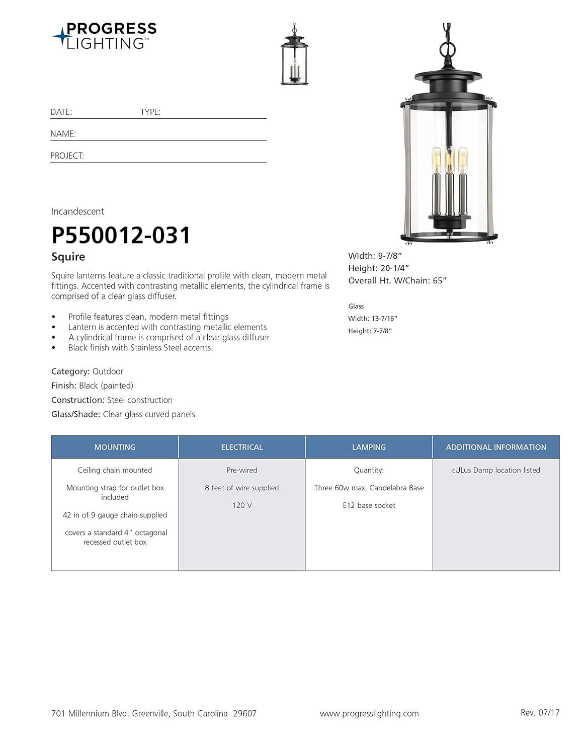 Progress Lighting Squire 3-Light Hanging Lantern, Steel, Black Finish, Clear Glass Shade
