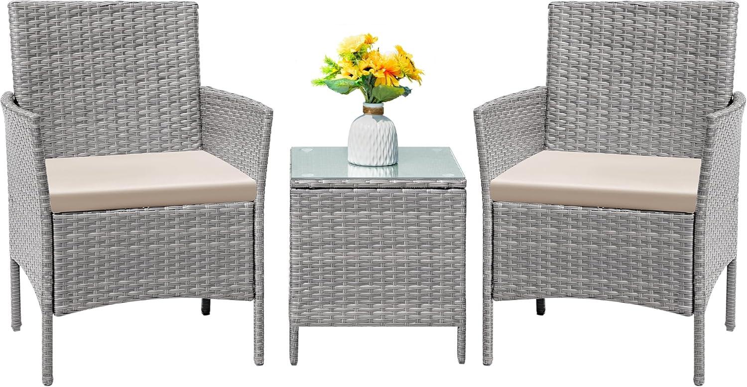 Magshion 3 Pieces Outdoor Patio Furniture Set, PE Rattan Wicker Chairs with Table, Outdoor Garden Porch Conversation Set with Glass Tabletop and Cushion, Grey/Grey