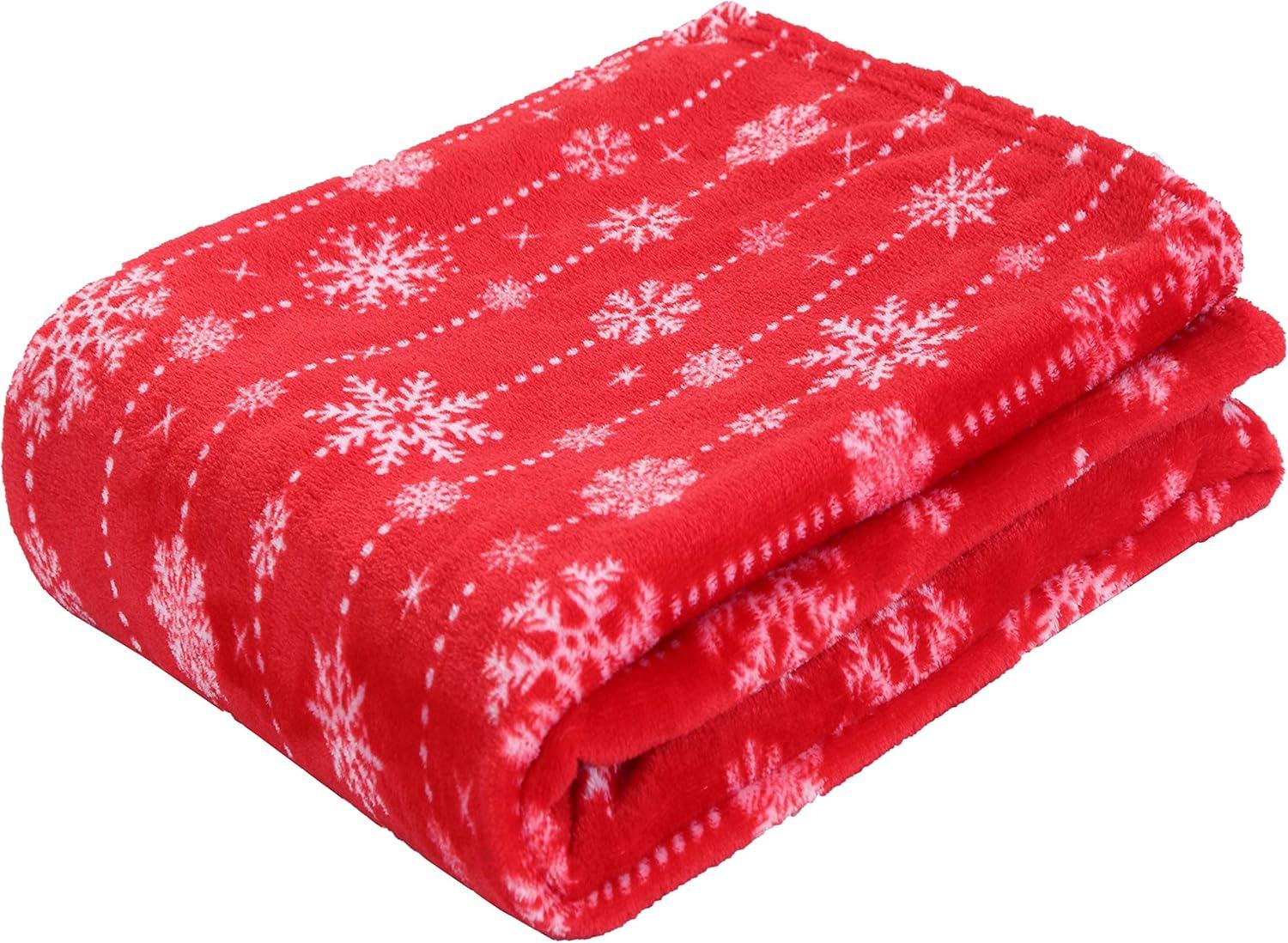 Velvet Touch Ultra Plush Christmas Holiday Printed Fleece Throw/Blanket-50 x 60inch, (Red Snowflake)