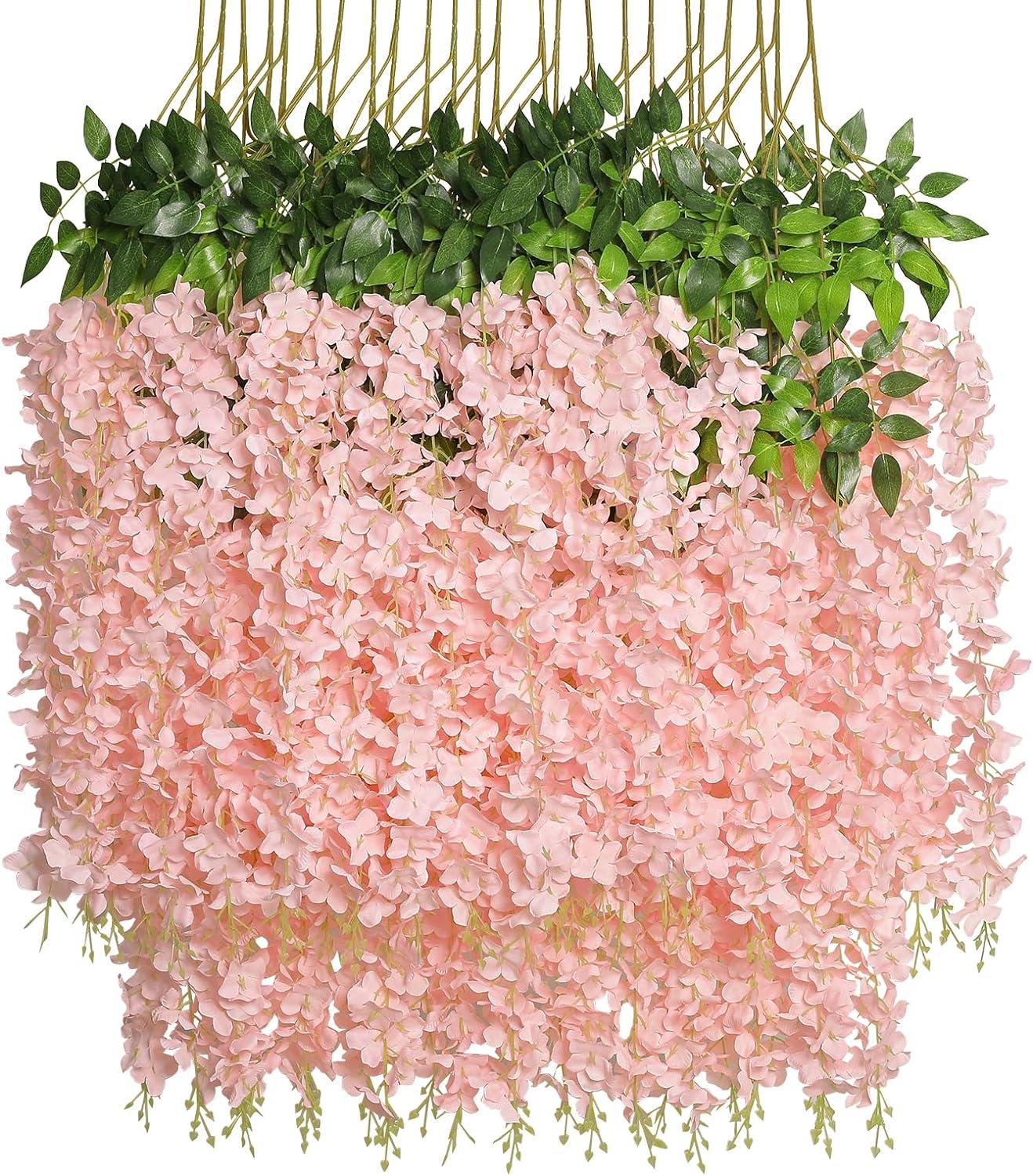 Wisteria Hanging Flowers 24 Pack Fake Flower Garland Artificial Wisteria Vines Rattan Silk Flower String Wedding Party Wall Decorations,Blush Pink