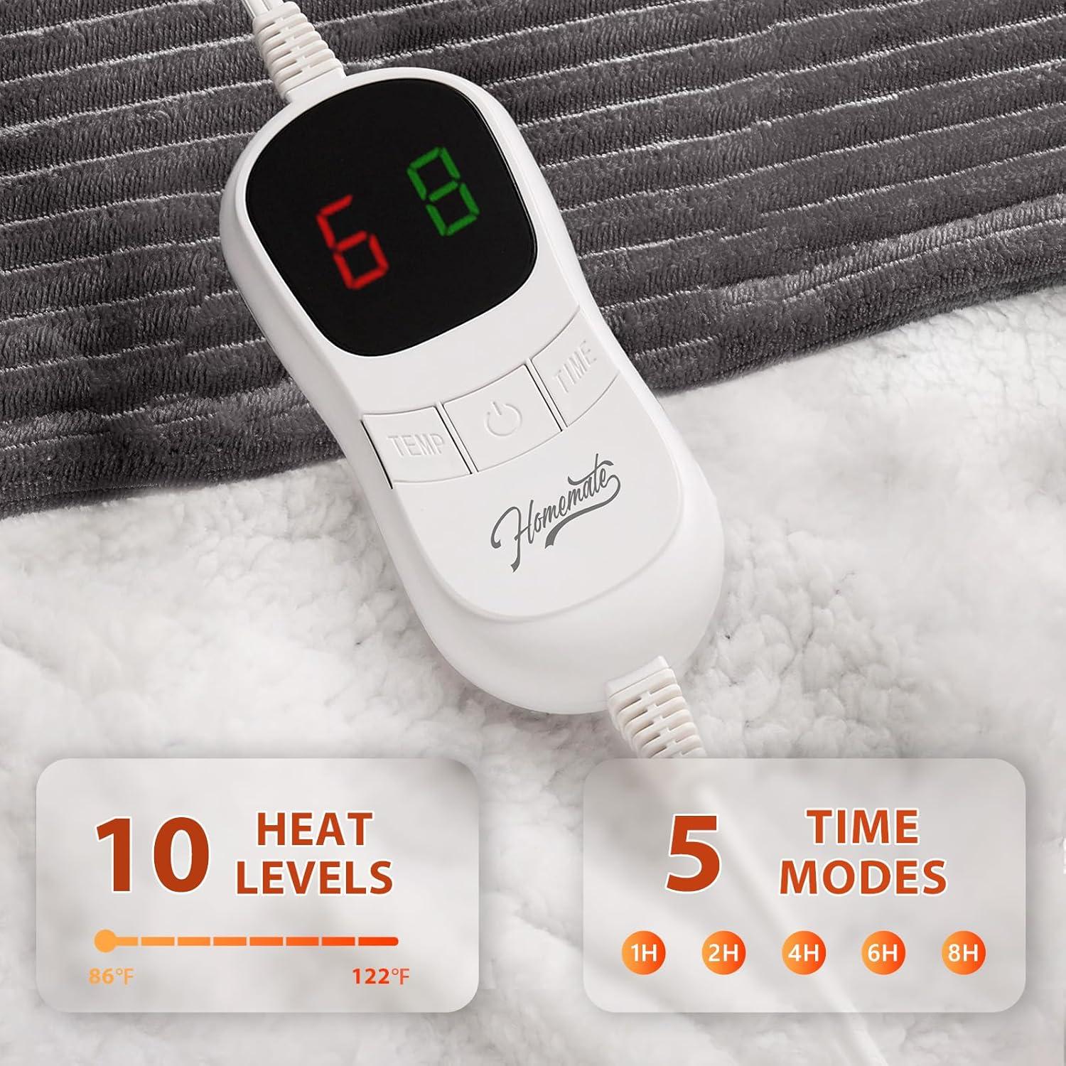 Homemate Heated Blanket Electric Throw - 50"x60" Heating Blanket Throw 1/2/4/6/8 Hours Auto-Off 10 Heat Levels Over-Heat Protection Soft Flannel Sherpa Heater ETL Certification