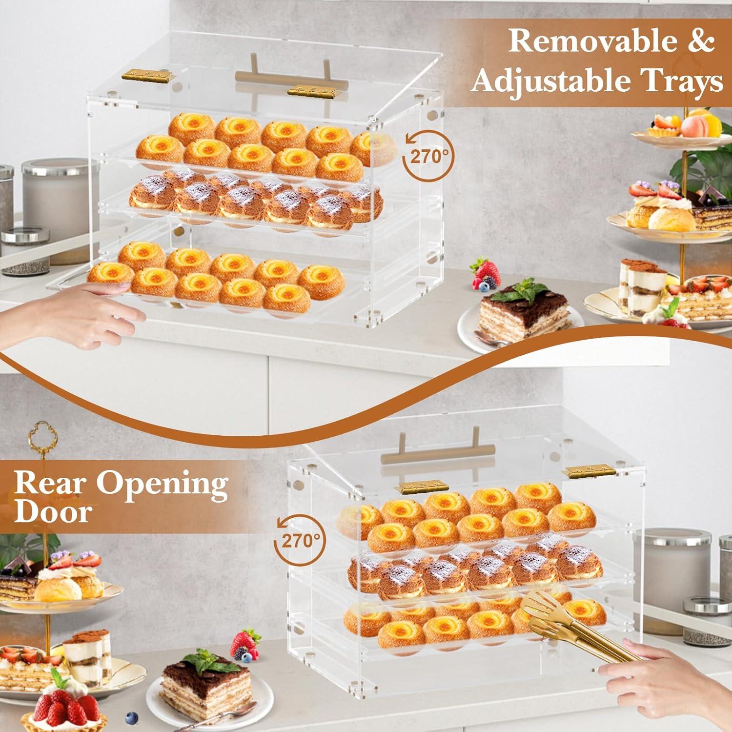 Bakery Display Case Countertop,3 Tray Pastry Display Case with Serving Tong Commercial Clear Acrylic Bread Box Display Case with Front Door for Cookie Food Donut Deseert Cupcake Bagels Cake