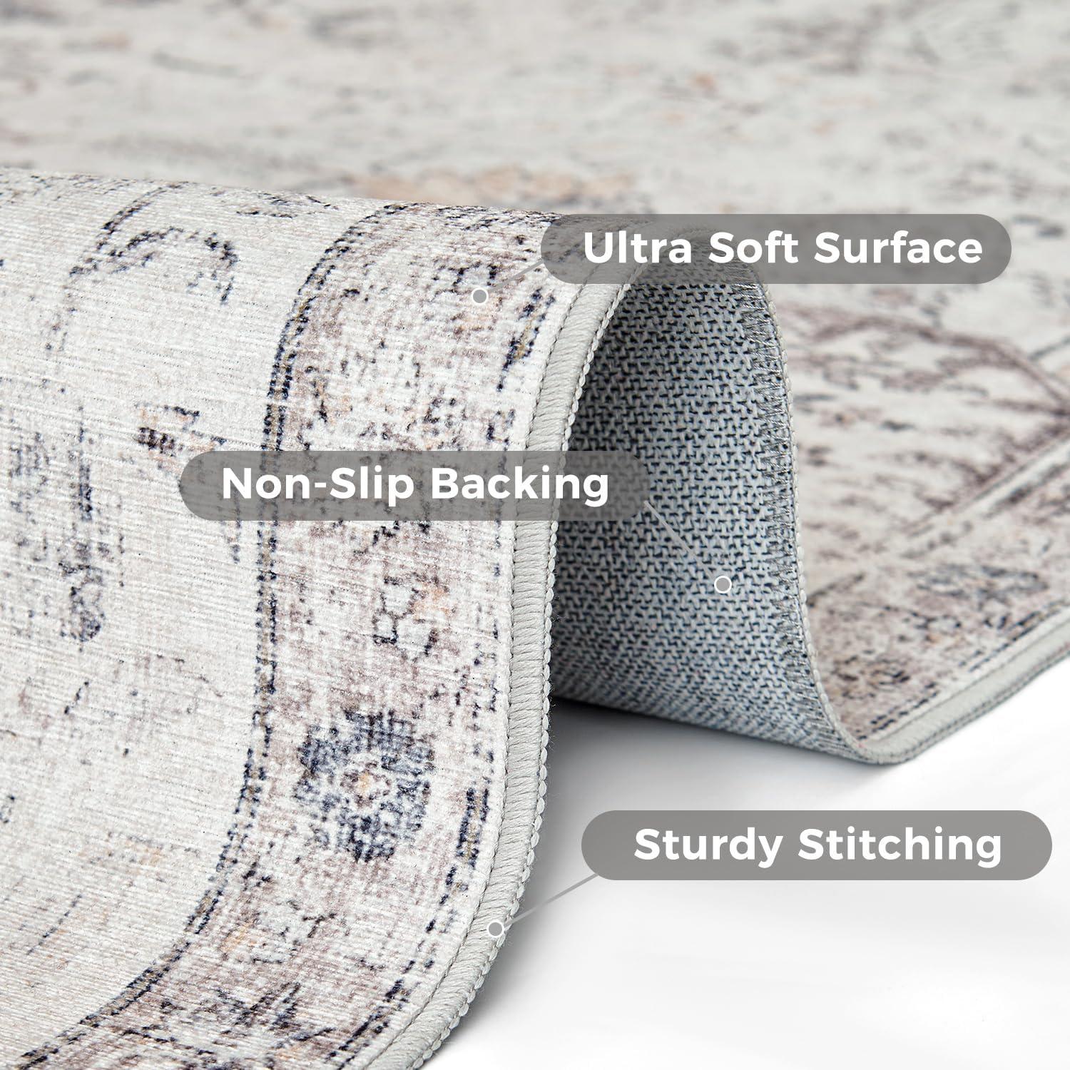 jinchan Area Rug 8x10 Washable Living Room Rug Vintage Indoor Large Floor Cover Retro Accent Mat Distressed Gray Floral Country Boho Non Slip Thin Carpet for Bedroom Kitchen Dining Room Office Grey