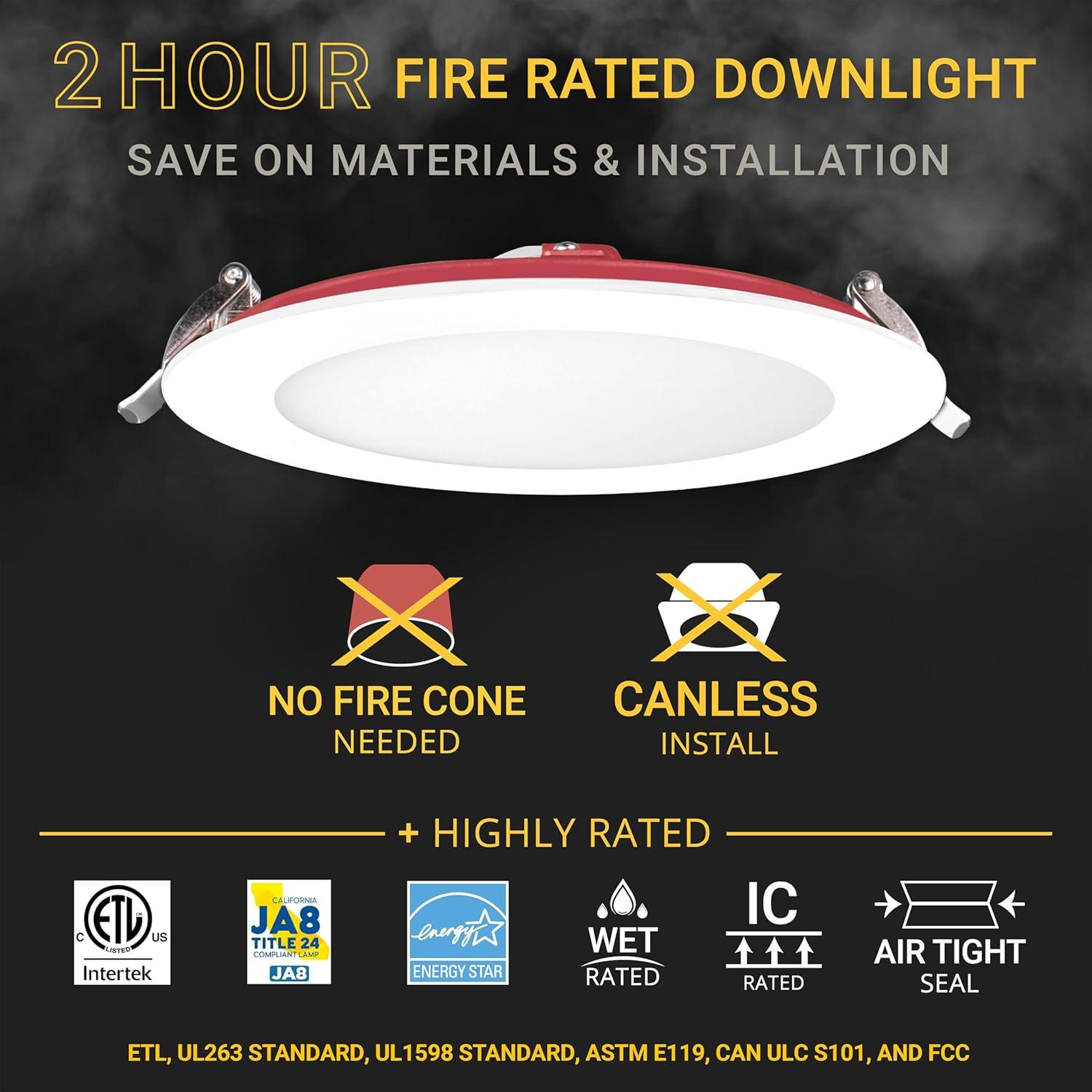 6 in. 2 HOUR Fire Rated Slim Canless LED Recessed Light 15W, 5CCT, 1200LM Dimmable IC Rated 6PK