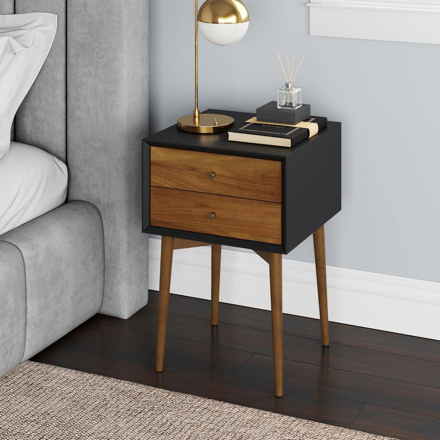 Nathan James Harper Nightstand Acacia Black: Mid-Century Modern with Storage Drawers & Pinewood Legs